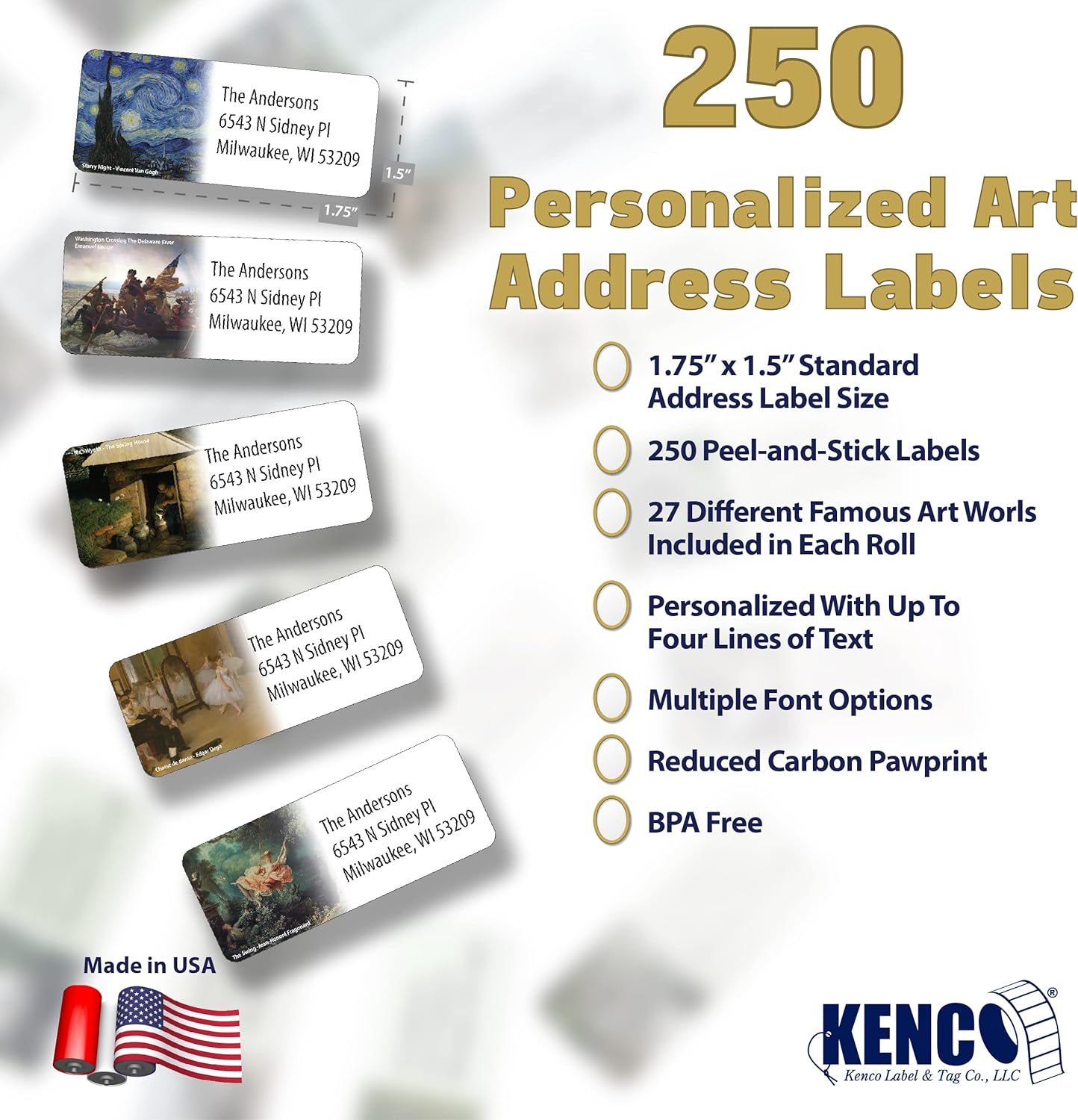 Customized Personalized Address Labels - Made in The USA by Kenco (Famous Art, 250 Labels)