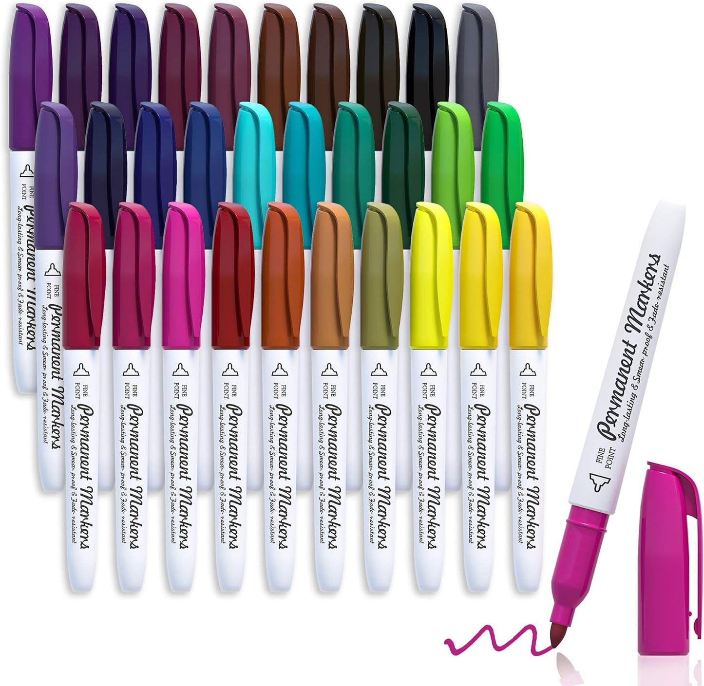 Lelix 30 Colors Permanent Markers, Fine Point, Assorted Colors, Works on Plastic,Wood,Stone,Metal and Glass for Kids Adult Coloring Doodling Marking