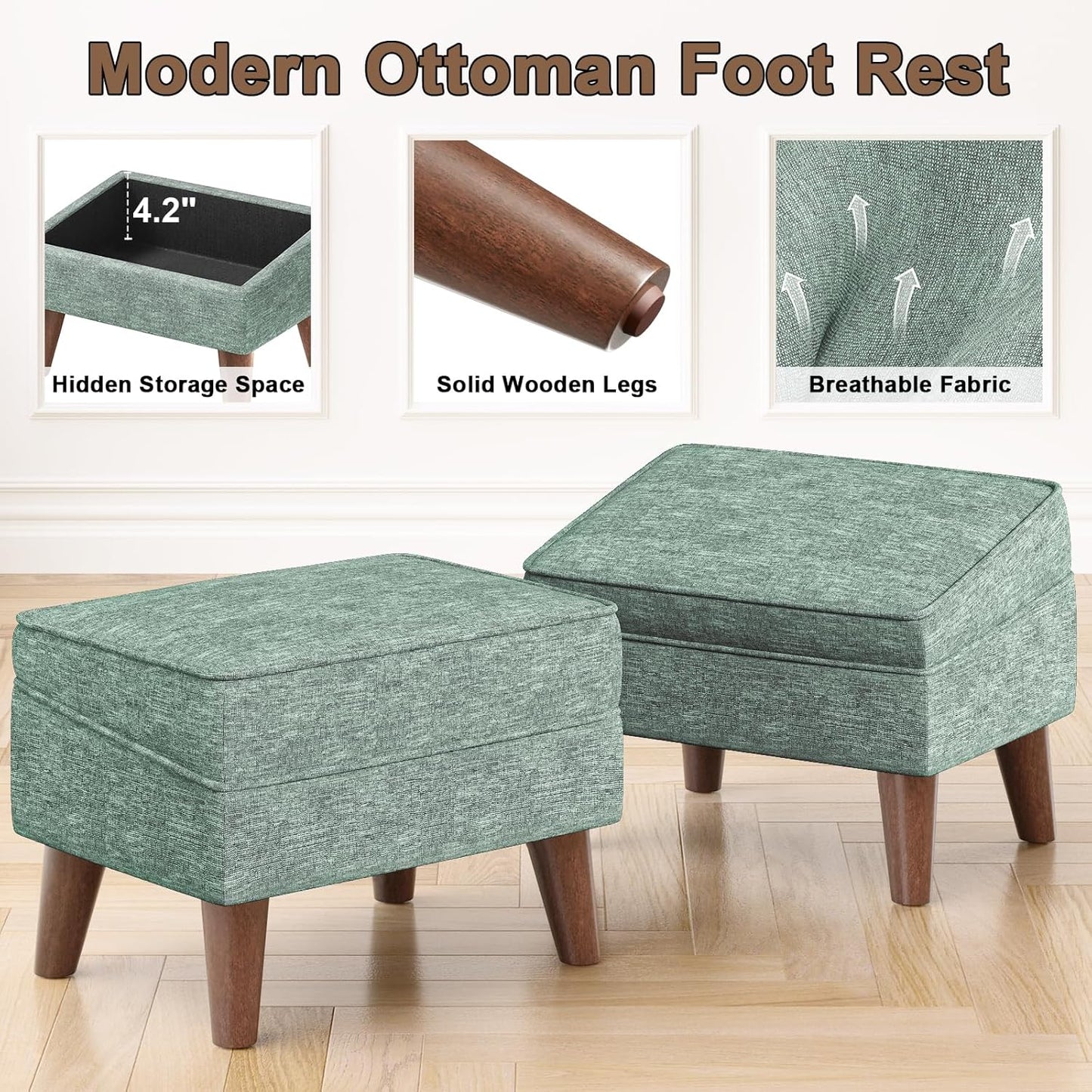 Small Footstool Ottoman, Footstool with Adjustable Lid, 11" Ottoman Foot Rest with Storage for Living Room, Bedroom, Couch, Enterway, Green