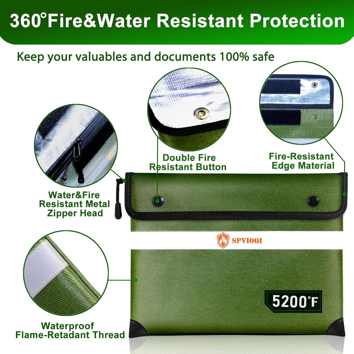 Upgraded Fireproof Document Bag 5200°F -Heat Insulated, Water Fire Proof Bag with Zipper, 8 Layers of Functional Materials, 14.2 X 11” Fire Proof Money Bag for Cash, Important Documents and Valuables