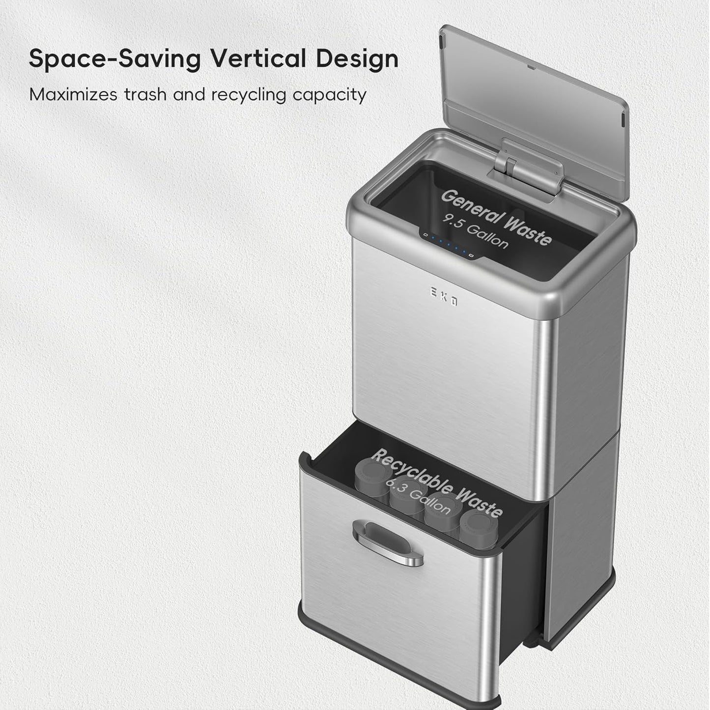 EKO Vintage 50L / 13.2 Gallon Motion Sensor Trash Can, Dual Compartment 32L + 18L Stainless Steel Kitchen Garbage Bin, Touchless Automatic Waste & Recycling Bin with Lid for Home or Office