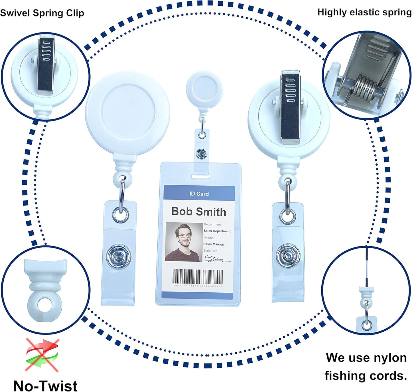 Badge Reels Retractable Badge Holder with Clip, Id Clips for Badges, Id Badge Reel, Retractable Id Badge Clip with Clear Vinyl Strap & Alligator Swivel, No Twist Dispenser (White)