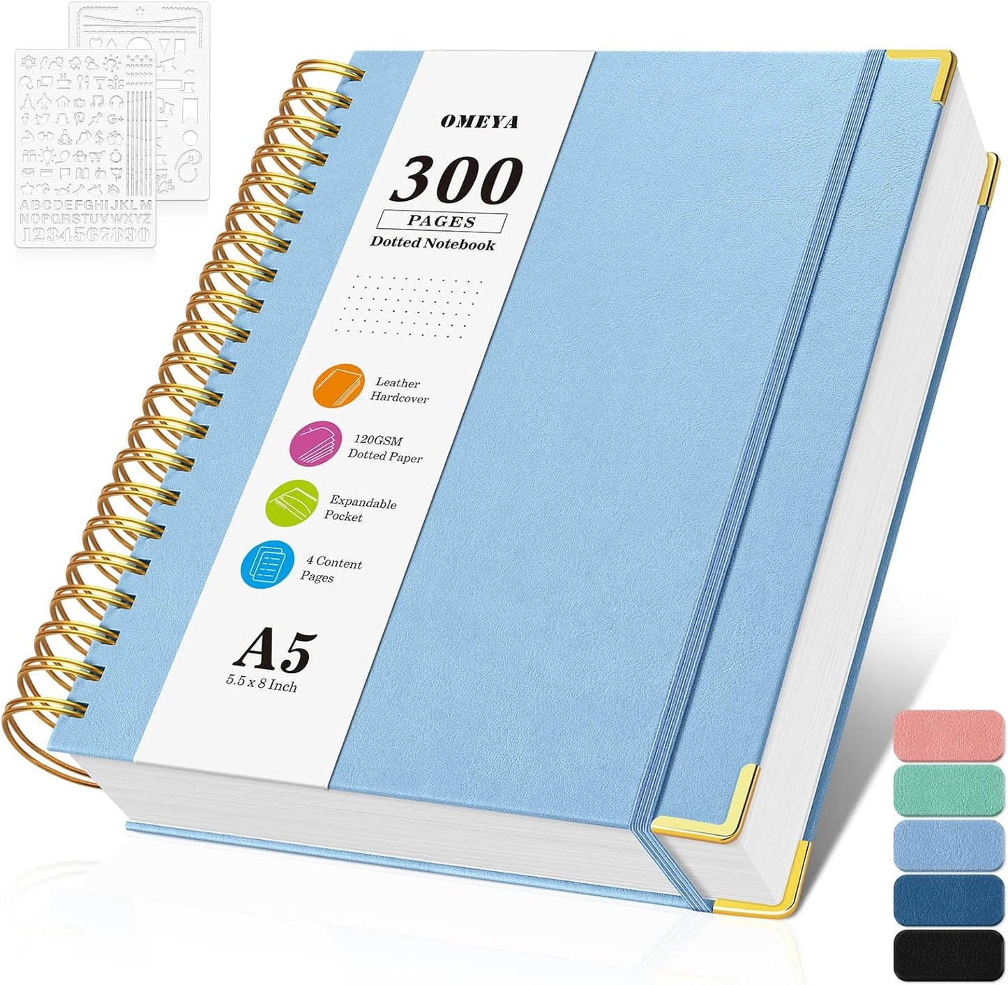Bullet Dotted Journal Spiral Notebook, 300 Pages Leather Notebooks with Contens, 120 GSM Thick No Bleed Through Paper Journals, A5 Dot Grid Notebook for Women Men Work Writing, 5.5" x 8", Light Blue