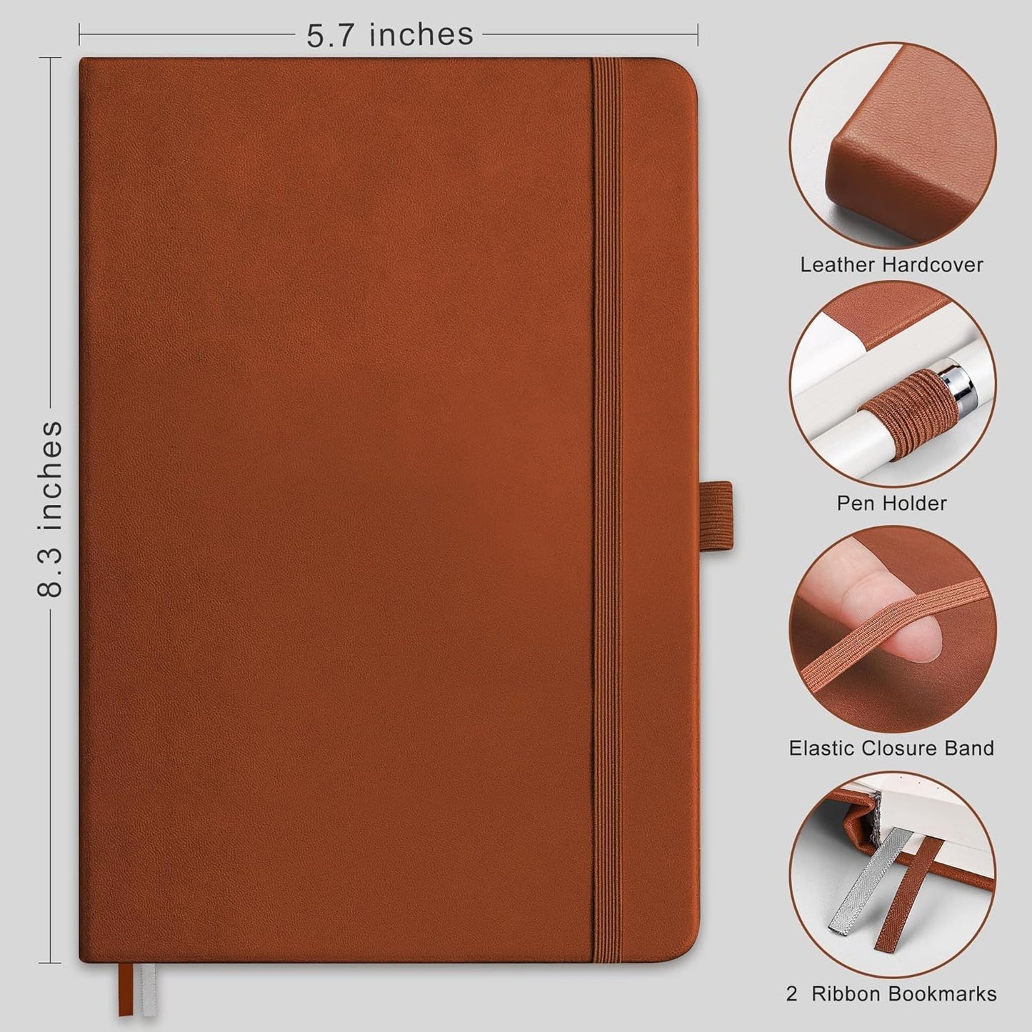 RETTACY Graph Grid Paper Notebook, 192 Pages, A5 Medium Size (5.7'' x 8.3''), 5 Squares per Inch, Leather Hardcover, 100 GSM Thick Paper, for School, Students, Math, Engineering (Brown)