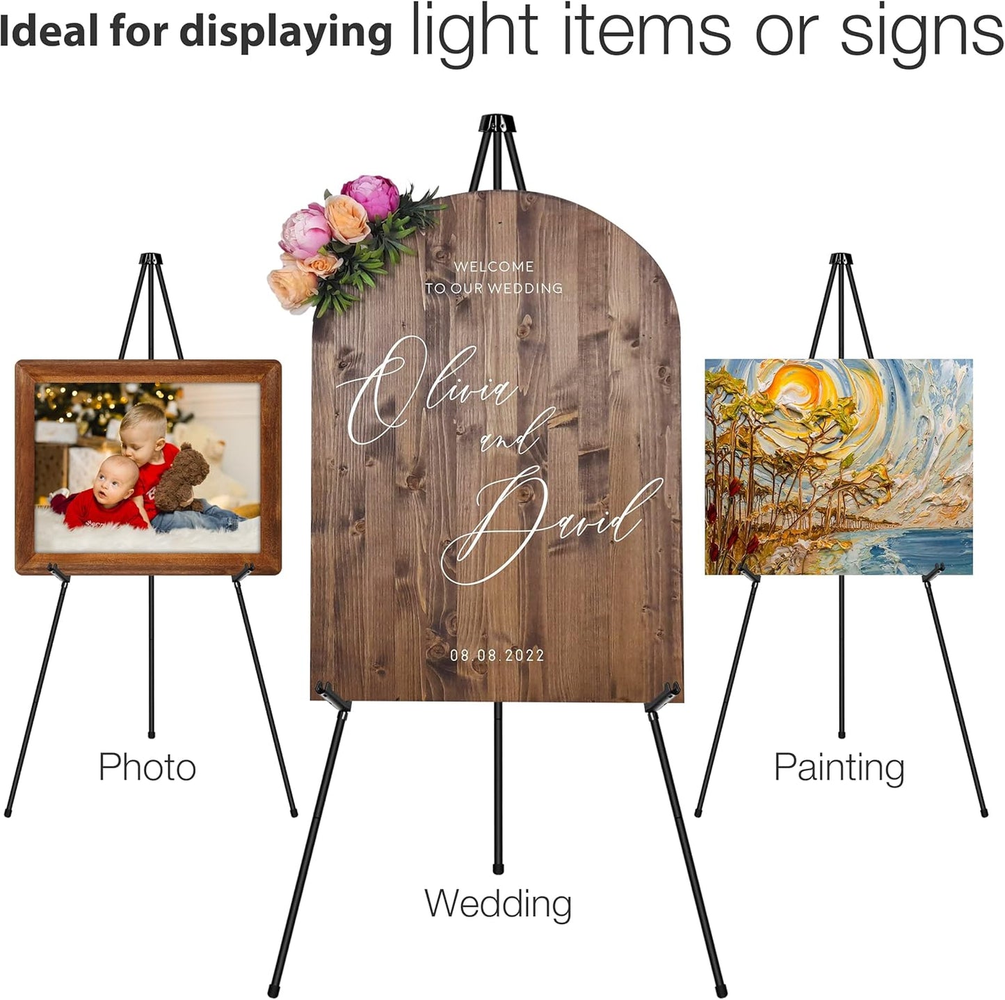 63" Display Easel Stand - 3Packs Art Easels for Wedding Sign Poster Stand Folding Floor Adjustable Metal Black Easel Instant Tripod Easel for Painting Wedding Welcome Sign Stand