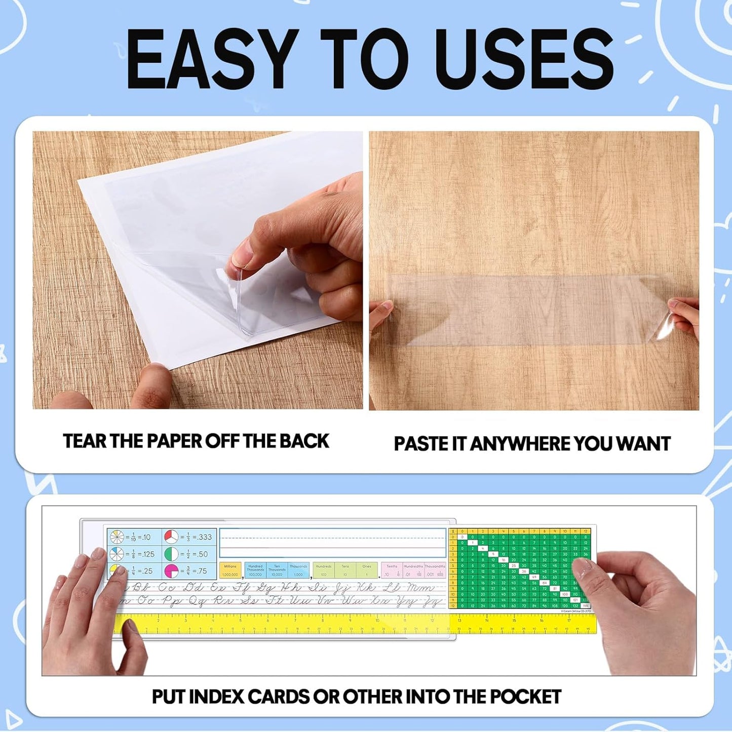 Chinco 50 Pack Clear Adhesive Pockets, Labels for Storage Bins, Plastic Self Adhesive Index Card Holder with Top Open for Organizing Bins Box Drawer(18 x 4 Inches)