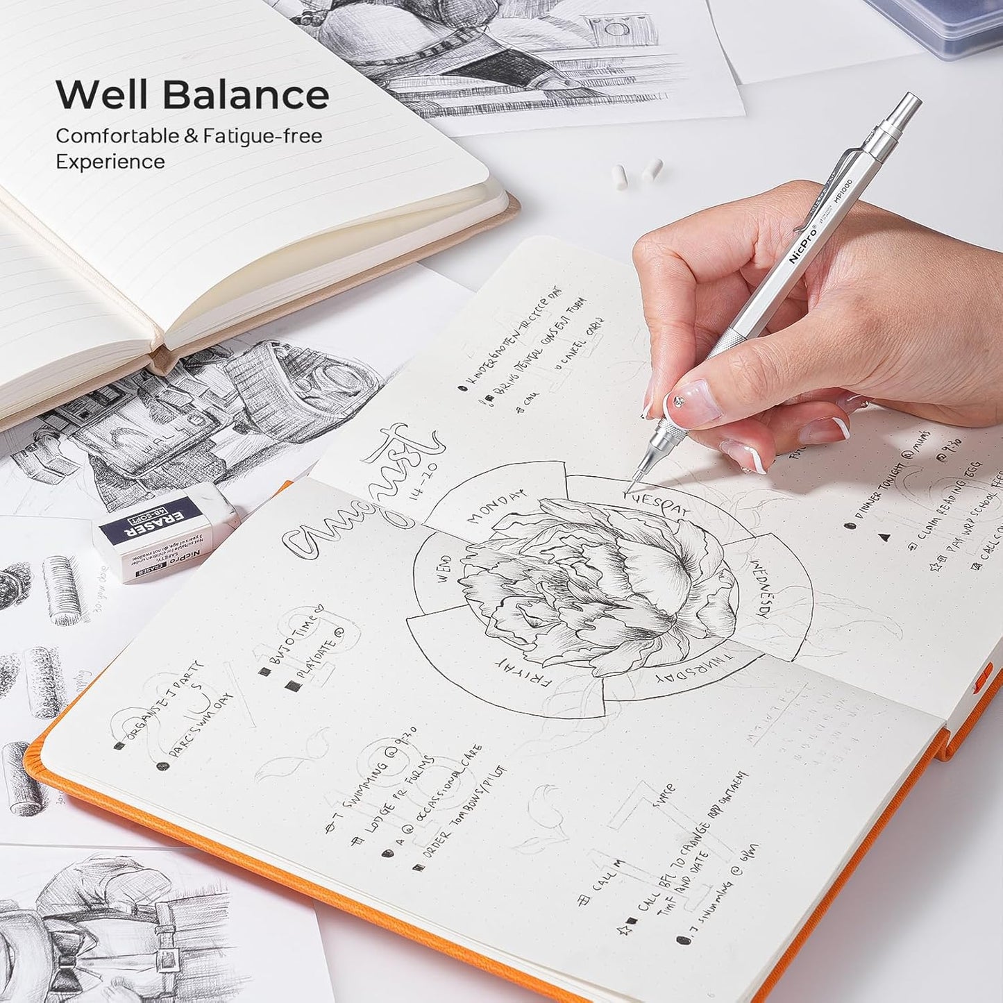 Nicpro 0.9 mm Metal Mechanical Pencil Set with Case, with 3PCS MP1000 0.9mm Drafting Pencil, 8 Tubes HB Lead Refills, 3PCS Eraser, Erasers Refills for Artist Writing, Drawing, Sketching, Silver