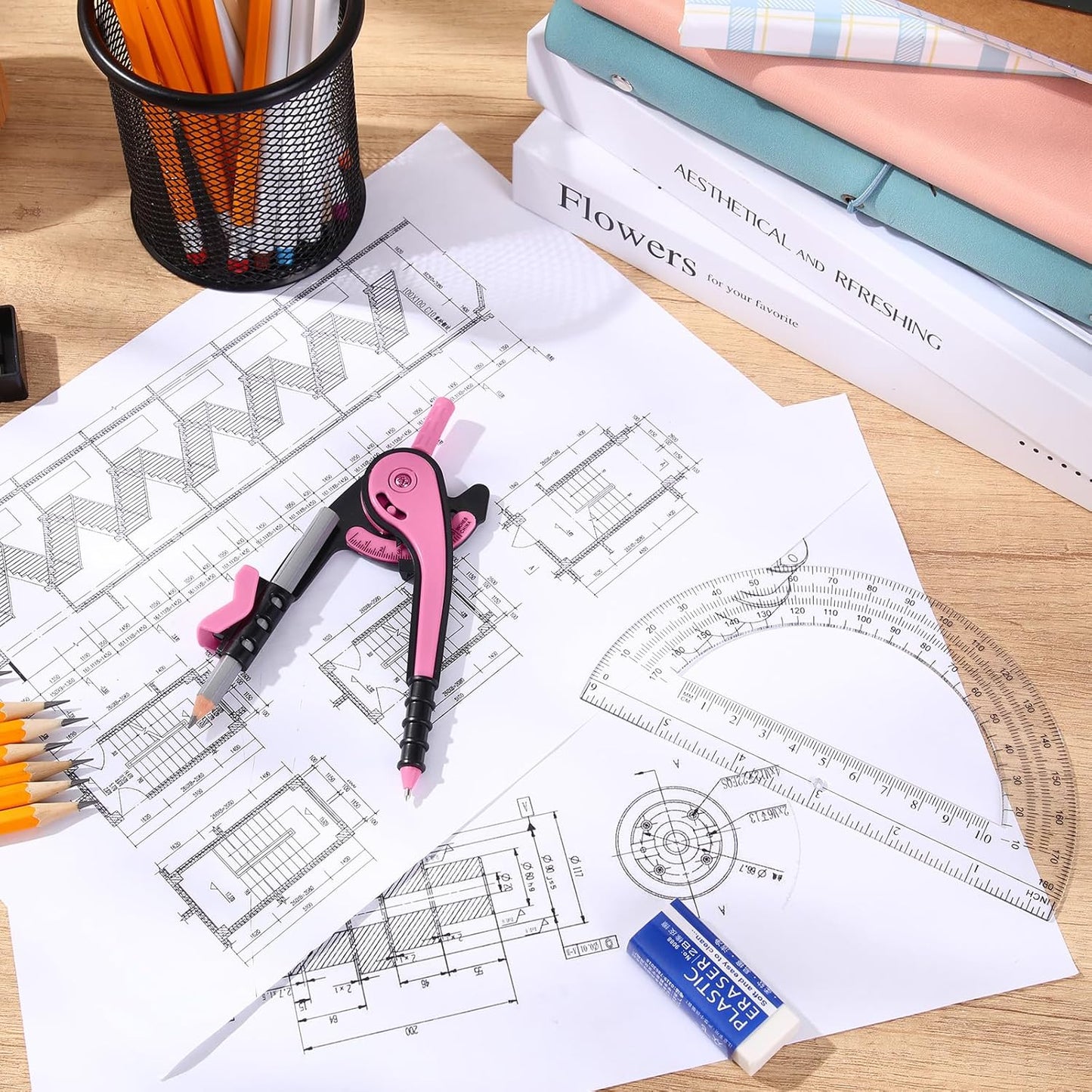 EBOOT Student Geometry Math Set, Drawing Compass and 6 Inch Clear Swing Arm Protractors 180 Degree Math Protractor(Pink)
