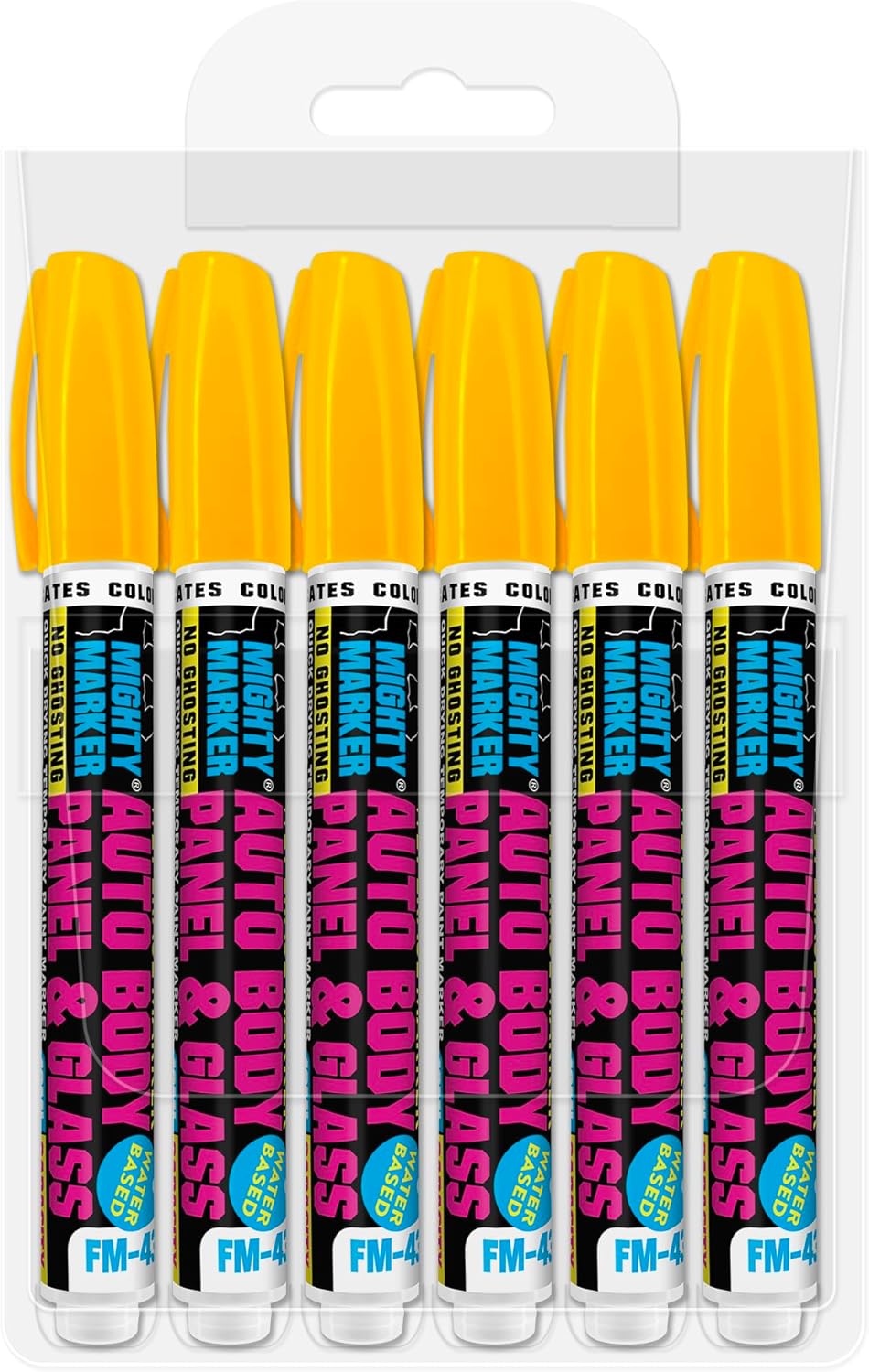 FM-43 Auto Body and Glass Paint Marker, No-Ghost, Highly Water-Resistant, 2.3mm Bullet Tip, Valve Action, 6 Bonus Reversible Tips, Made in USA - Yellow 6 Pack