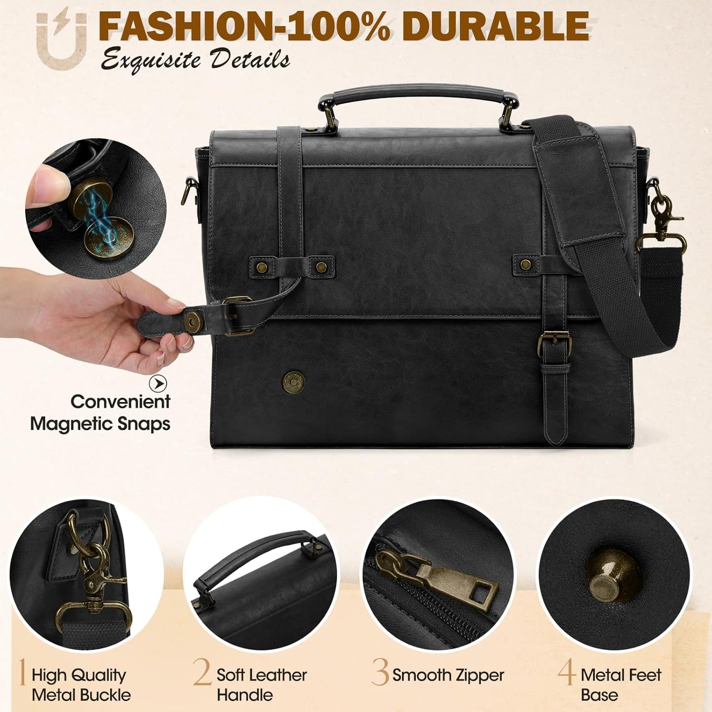 RAINSMORE Mens Messenger Bag 18 Inch Waterproof Vintage Leather Laptop Briefcase Large Laptop Bag Satchel Bag Computer Shoulder Bag for Office Business Travel College,Black