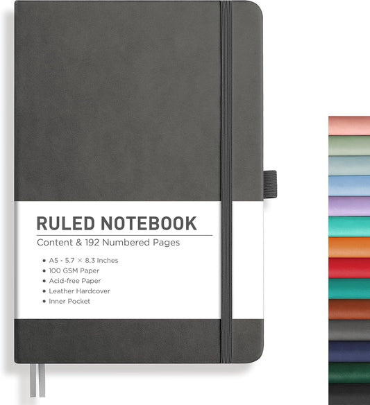 RETTACY Lined Journal Notebook, 192 Numbered Pages, A5 Medium Size (5.7'' x 8.3''), for Men & Women, Journaling, Writing, Work & Office, Leather Hardcover, 100 GSM Thick Paper (Gray)