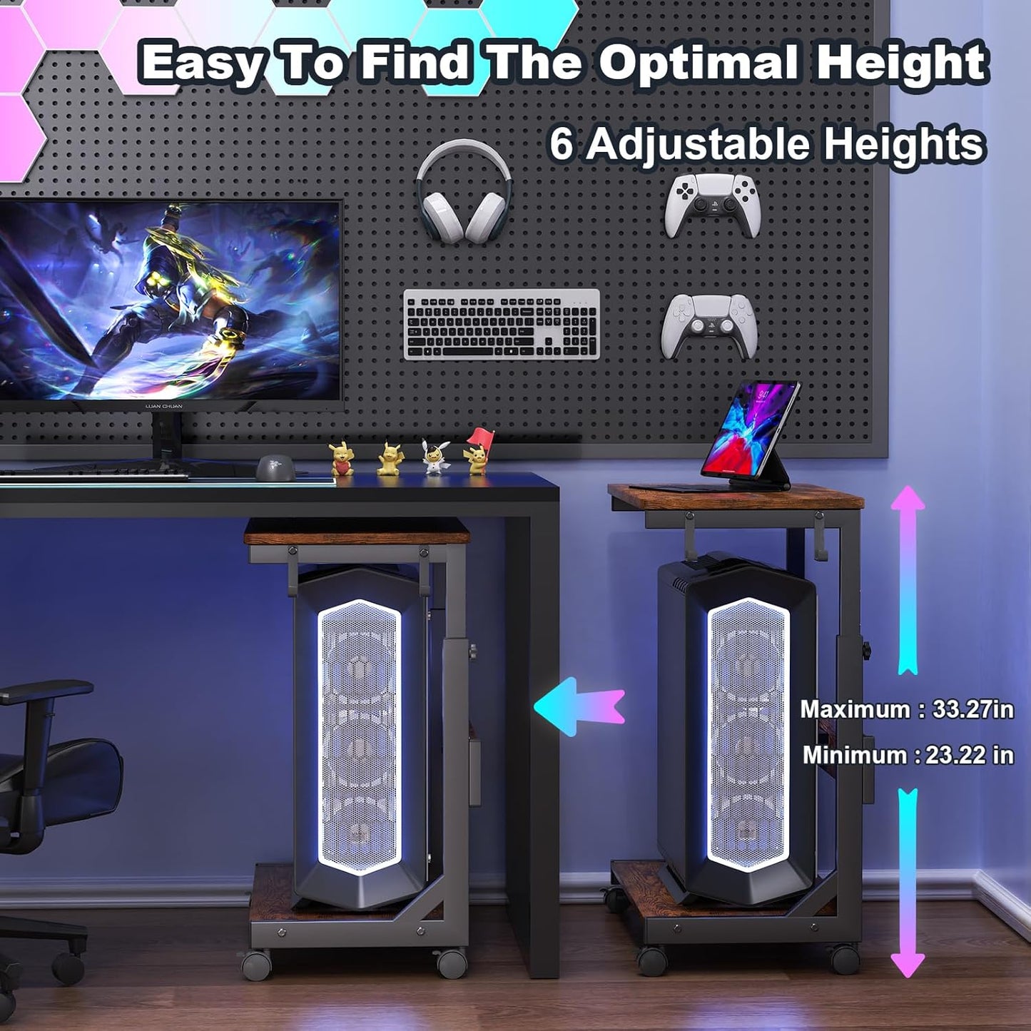 Height Adjustable Computer Tower Stand with Charge Station and USB Charging Port, 2-Tier ATX-Case Cart, Under Desk Mobile PC Stand, CPU Holder Cart with Locking Caster Wheels for Fits Most PC