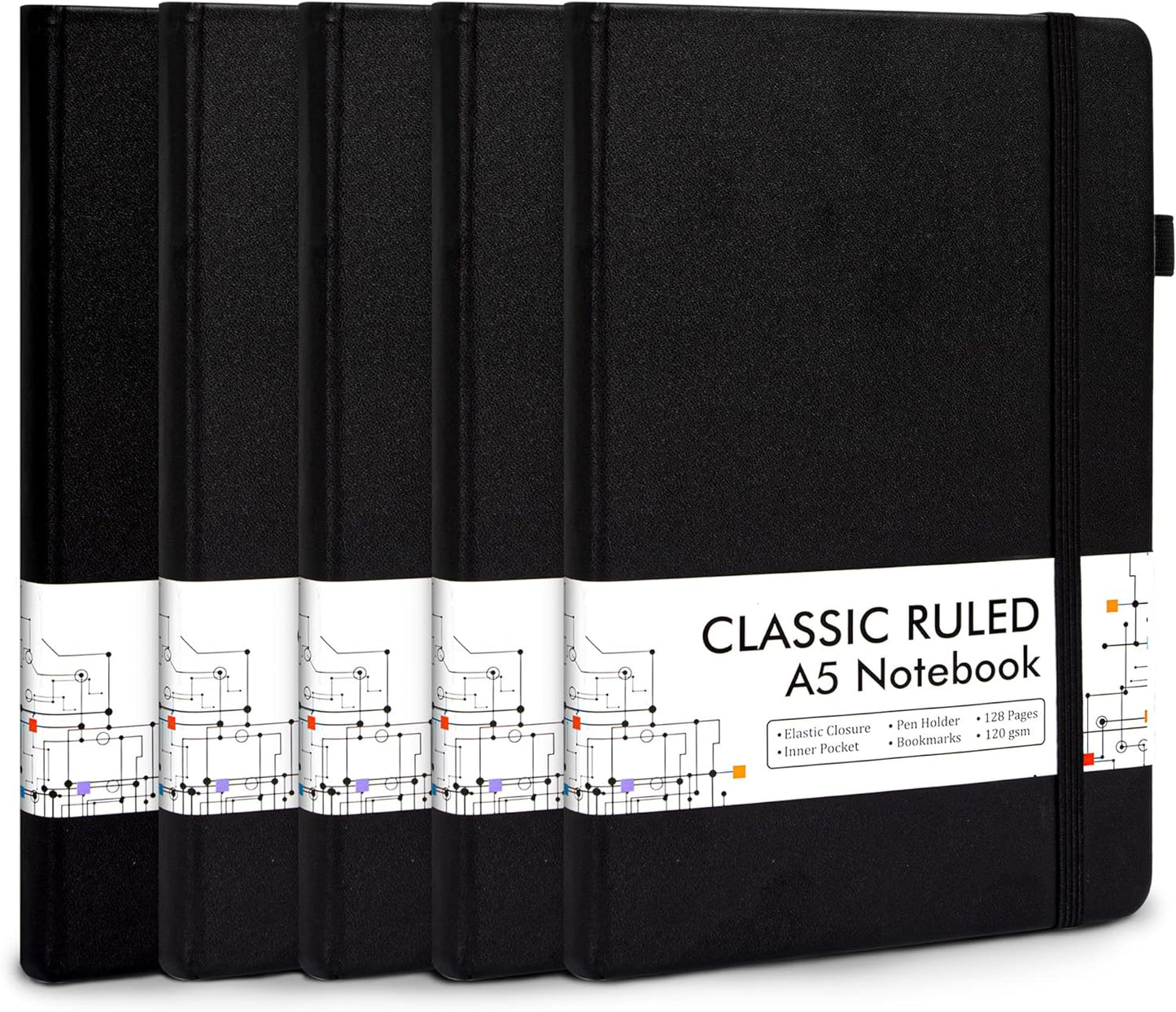 5 Pack Journal Notebook Bulk for School, Feela Hardcover Business Notebooks Classic Ruled Lined Journals with Pen Holder for Work Note Taking, with 5 Black Pens, 120 GSM, 5.1”x8.3”, A5, Black