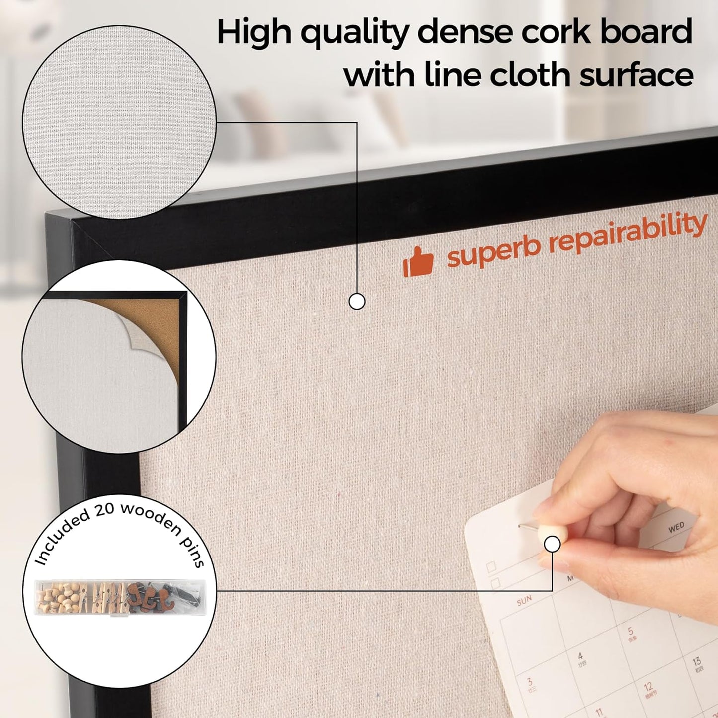 Fun Memories Cork Board Bulletin Board for Office, 20" x 30" Pine Wooden Framed Corkboard, Wall Mounted Notice Pin Board for School Home & Office, Black