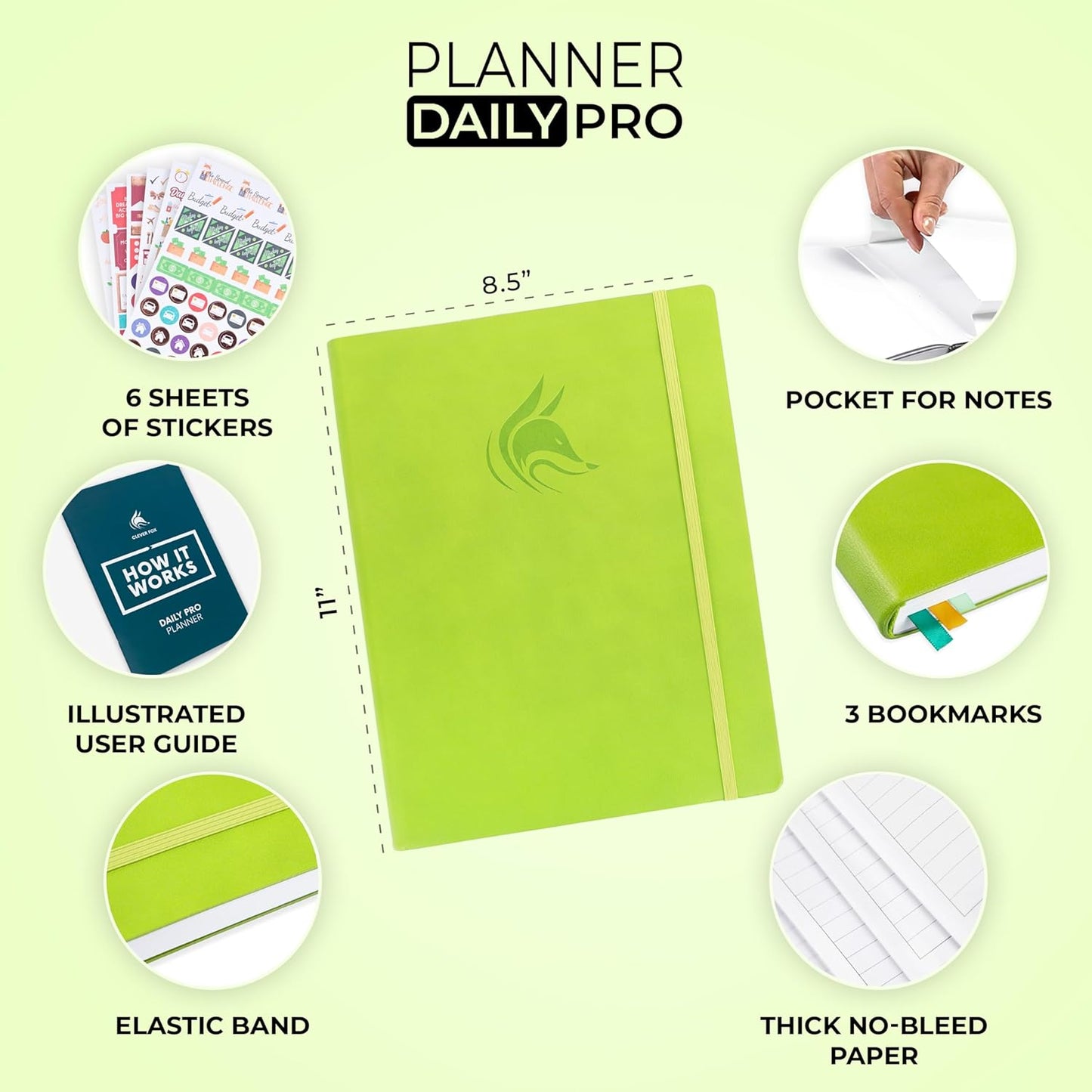 Clever Fox Planner Daily PRO - 8.5 x 11" A4 Size Daily Life Planner and Gratitude Journal to Increase Productivity, Time Management and Hit Your Goals - Undated - Lasts 3 Months (Lime Green)