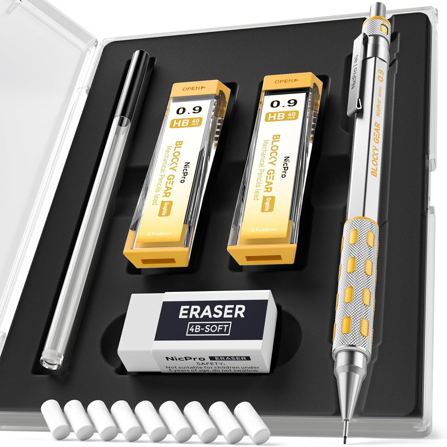 Nicpro Blocky Gear 0.9 mm Mechanical Pencils Set in Case, Metal Pencil with 0.9mm HB Lead Refills, Eraser for Professional & Adult Art Writing Drafting Drawing