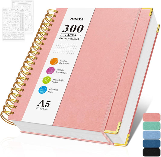 Bullet Dotted Journal Spiral Notebook, 300 Pages Leather Notebooks with Contens, 120 GSM Thick No Bleed Through Paper Journals, A5 Dot Grid Notebook for Women Men School Work Writing, 5.5" x 8", Pink