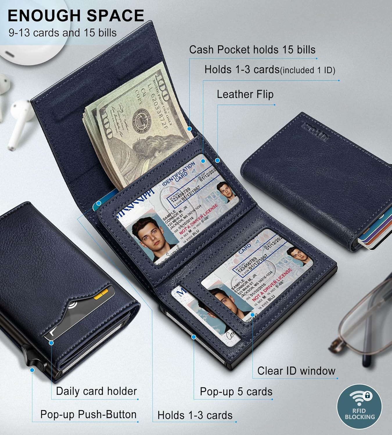 Wallet for Men,with Cash Pocket 2 ID Window 9-13 Cards,Metal Case Smart Slim Pop Up Credit Card Holder Flip with Magnetic Closure RFID Blocking Trifold wallet with Gift Box