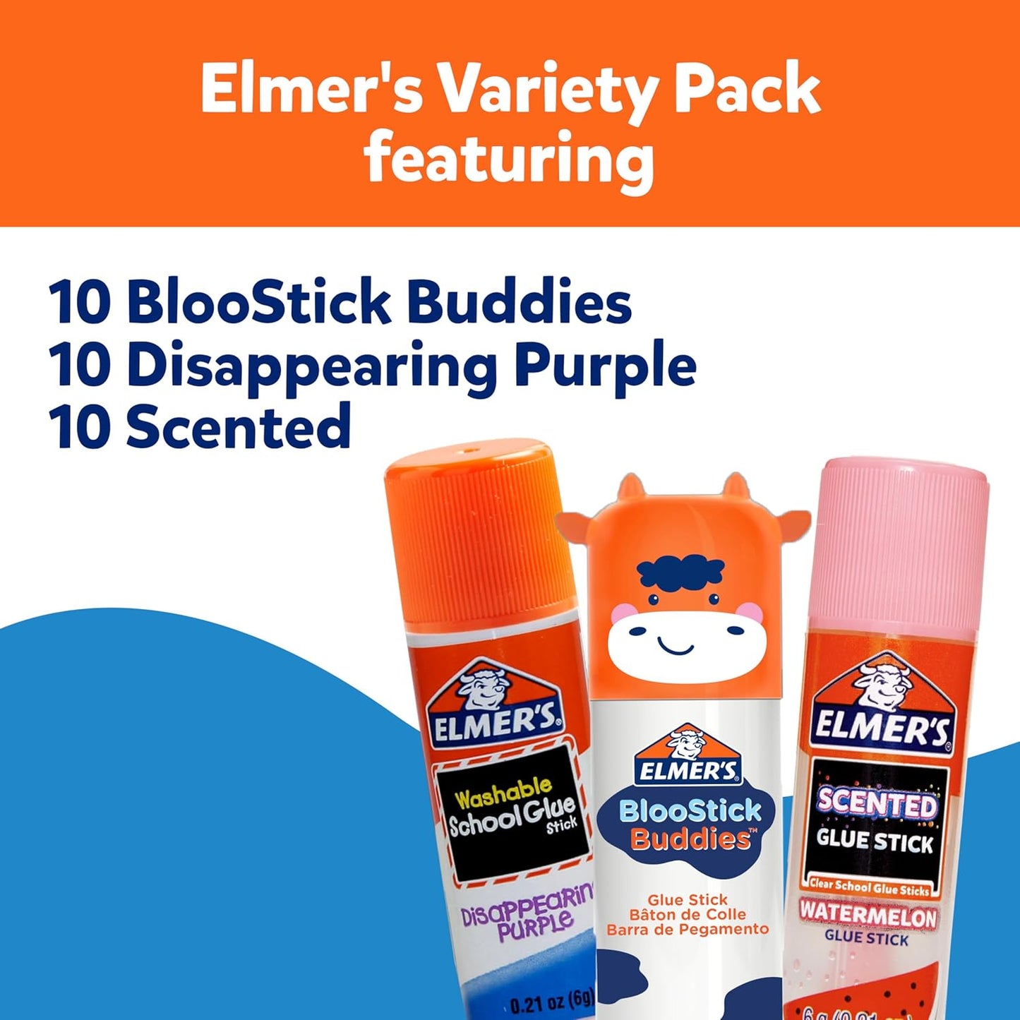 Elmer's Glue Stick Variety Pack, Featuring BlooStick Buddies, Disappearing Purple, and Scented Glue Sticks, Assorted, 30 Count