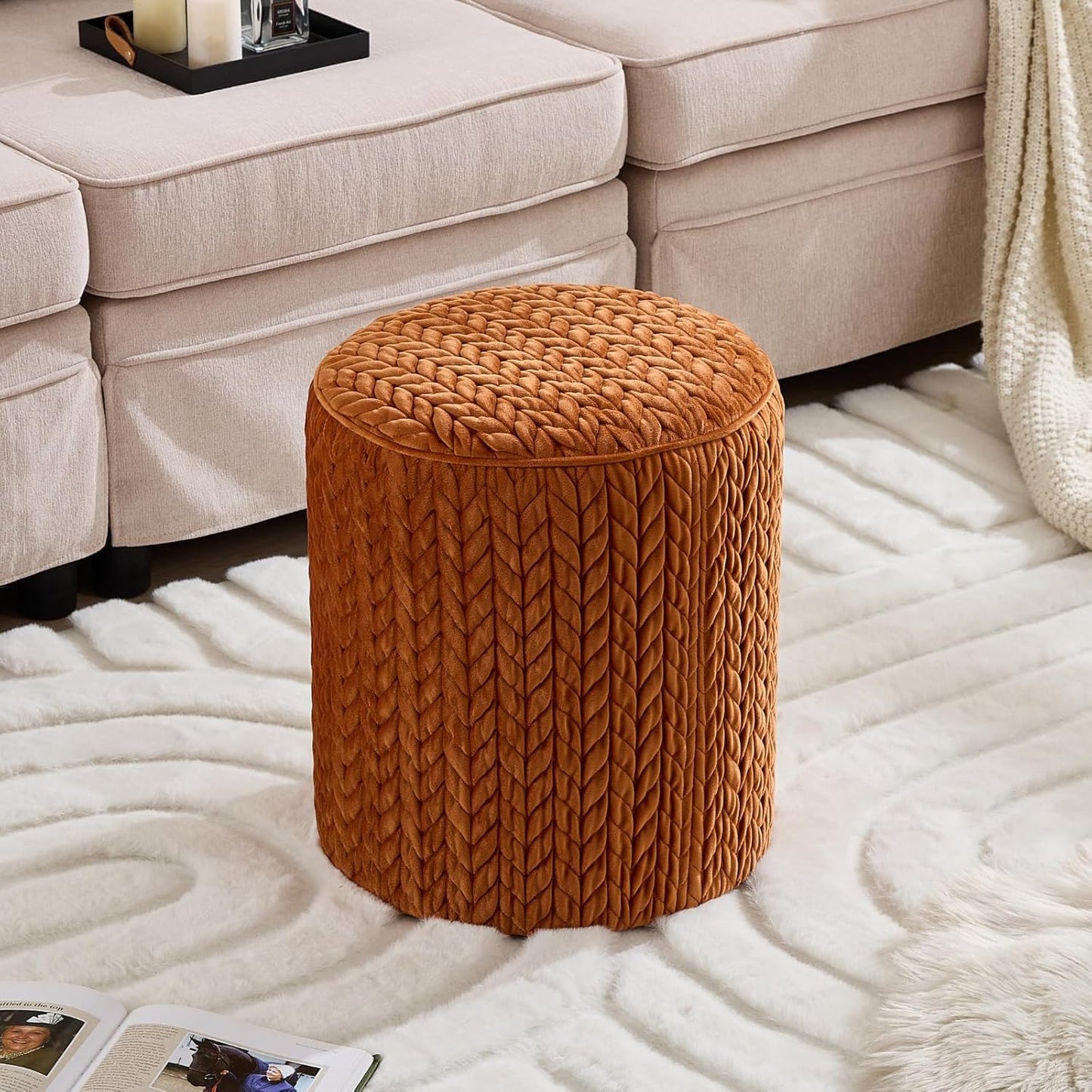 Modern Round Ottoman, Braided-Tufted Foot Stool Ottoman, Velvet Upholstered Vanity Stool for Makeup, Bedroom, Living Room, Dark Orange