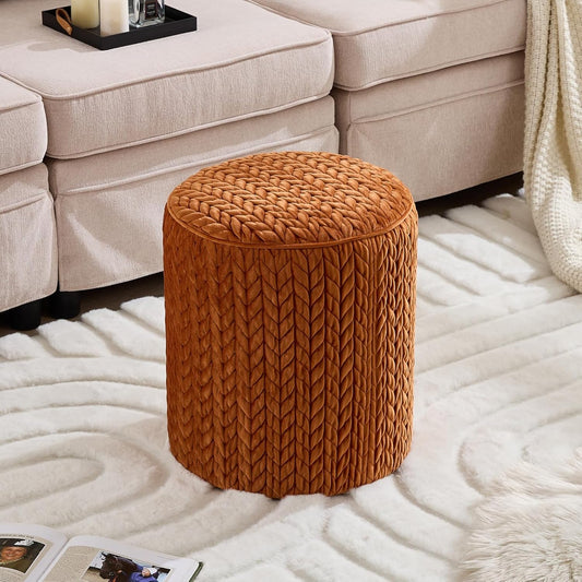 Modern Round Ottoman, Braided-Tufted Foot Stool Ottoman, Velvet Upholstered Vanity Stool for Makeup, Bedroom, Living Room, Dark Orange