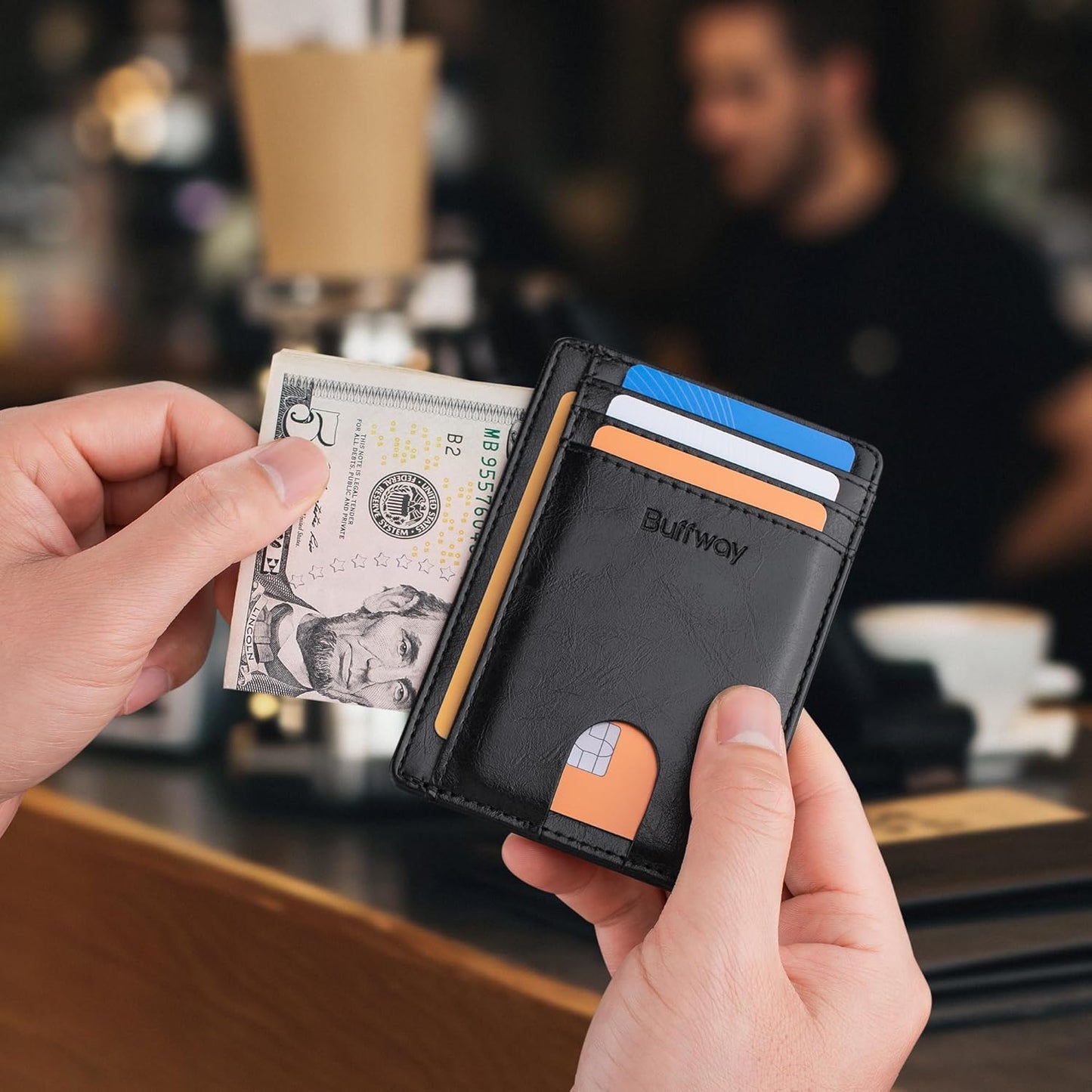 Buffway Slim Minimalist Front Pocket RFID Blocking Leather Wallets for Men and Women - Alaska Black