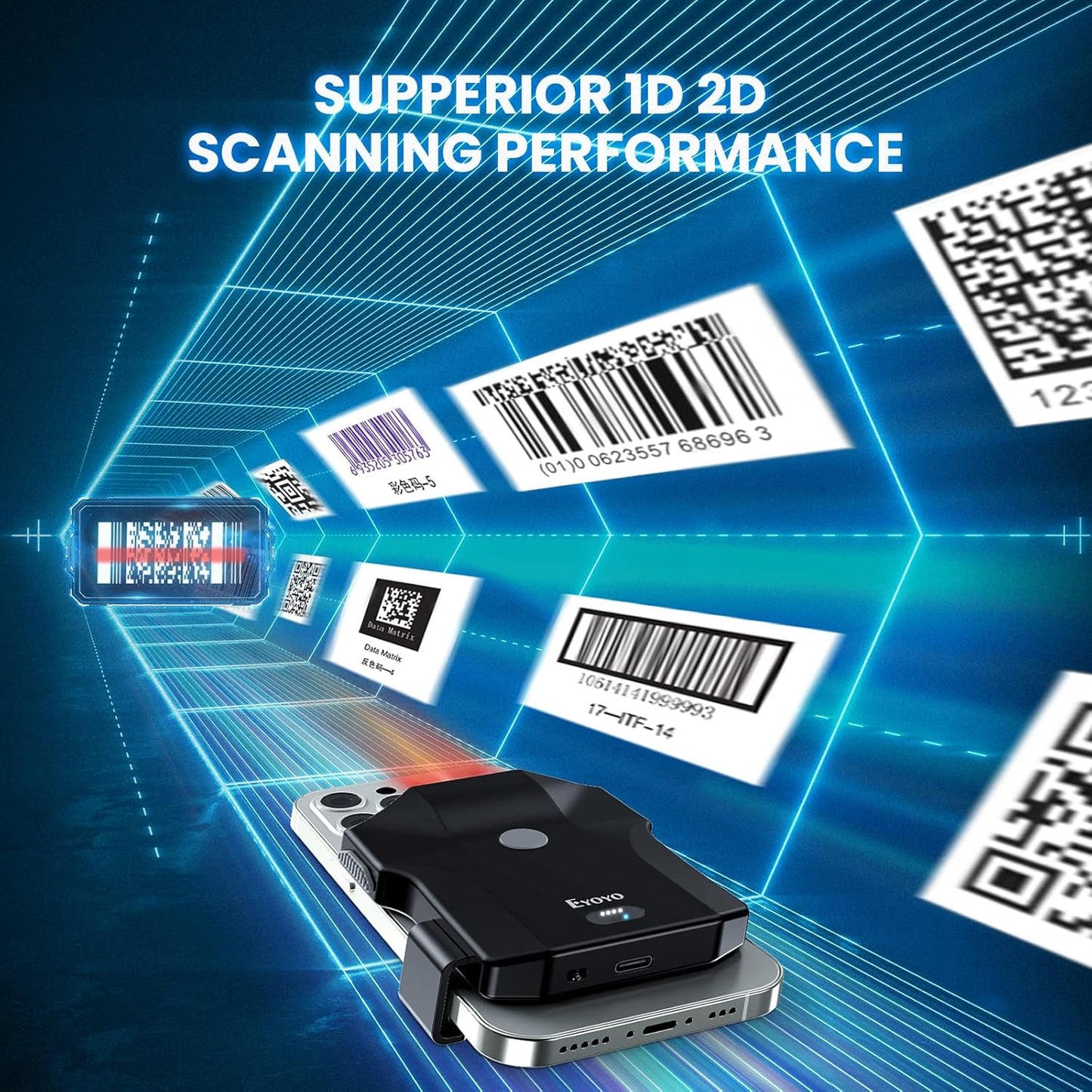 Eyoyo Bluetooth QR Code Scanner, 2D Wireless Back Clip Phone UPC USB Barcode Scanner Reader with Battery Level Indicator Compatible with 4.7"-7.2" Android Phone, iPhone for Book Library Inventory