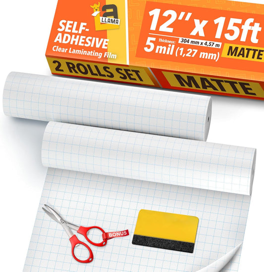 Matte Laminating Roll 2-Pack 12” x 15ft - 5 MIL Self Adhesive Durable Clear Matte Vinyl Laminate Roll for Anti-Glare Surface