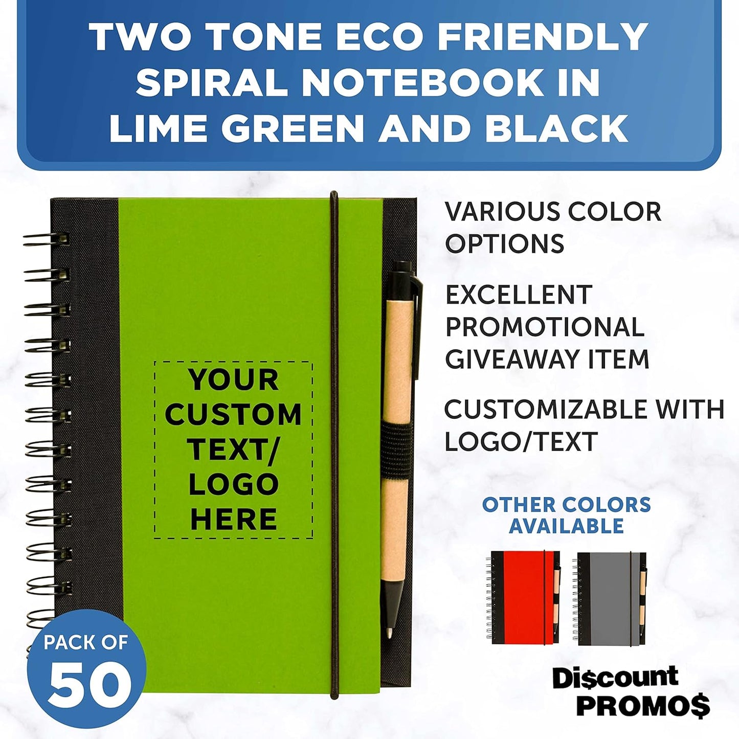 DISCOUNT PROMOS Custom Eco Block Notebooks with Pens Set of 50, Personalized Bulk Pack - Perfect for School, Office, Business, Home - Lime Green