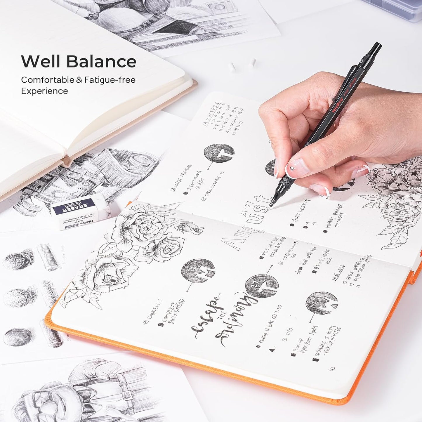 Nicpro 0.5 & 0.7 & 0.9 mm Metal Mechanical Pencil Set with Case, 6PCS MP1000 Artist Lead Pencil with 12 Tubes HB & 2B Lead Refills, 3 Erasers For Architect Art Writing Drafting Sketching Drawing