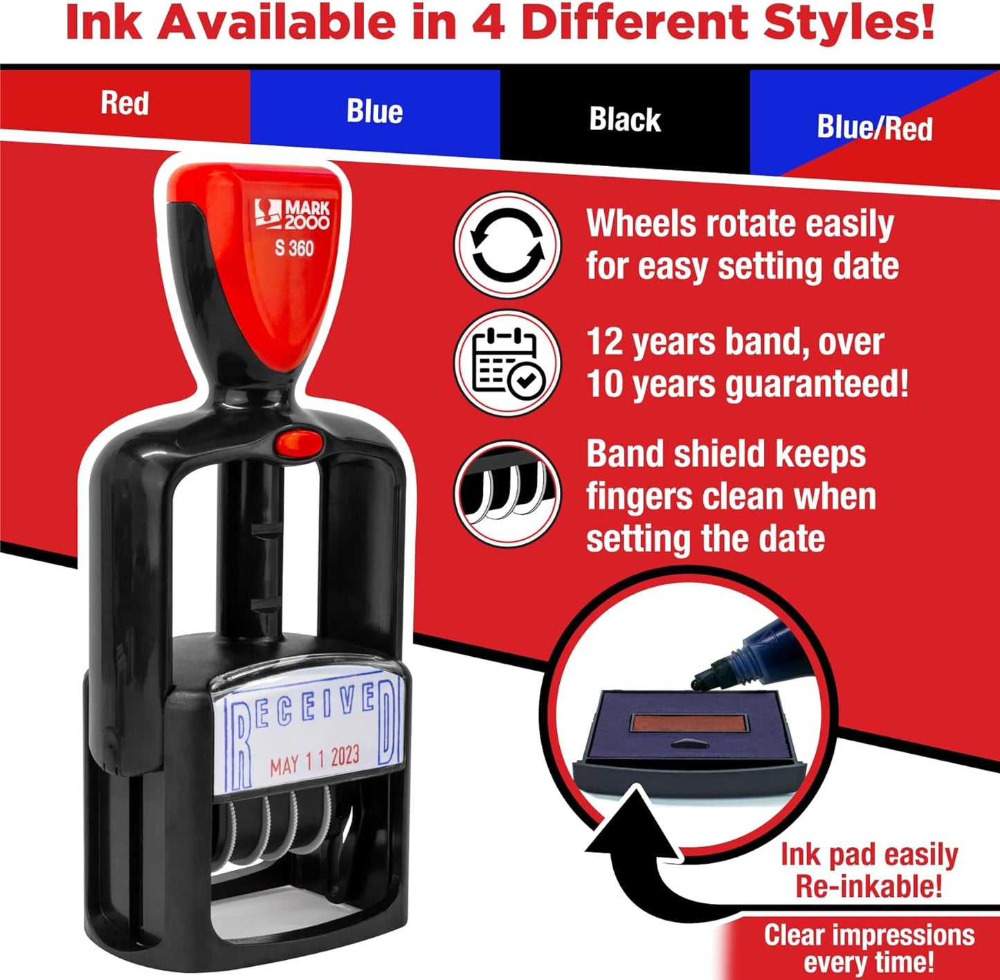 Self-Inking Rubber Date Office Stamp with E-Mailed Phrase - Black Ink - 12-Year Band