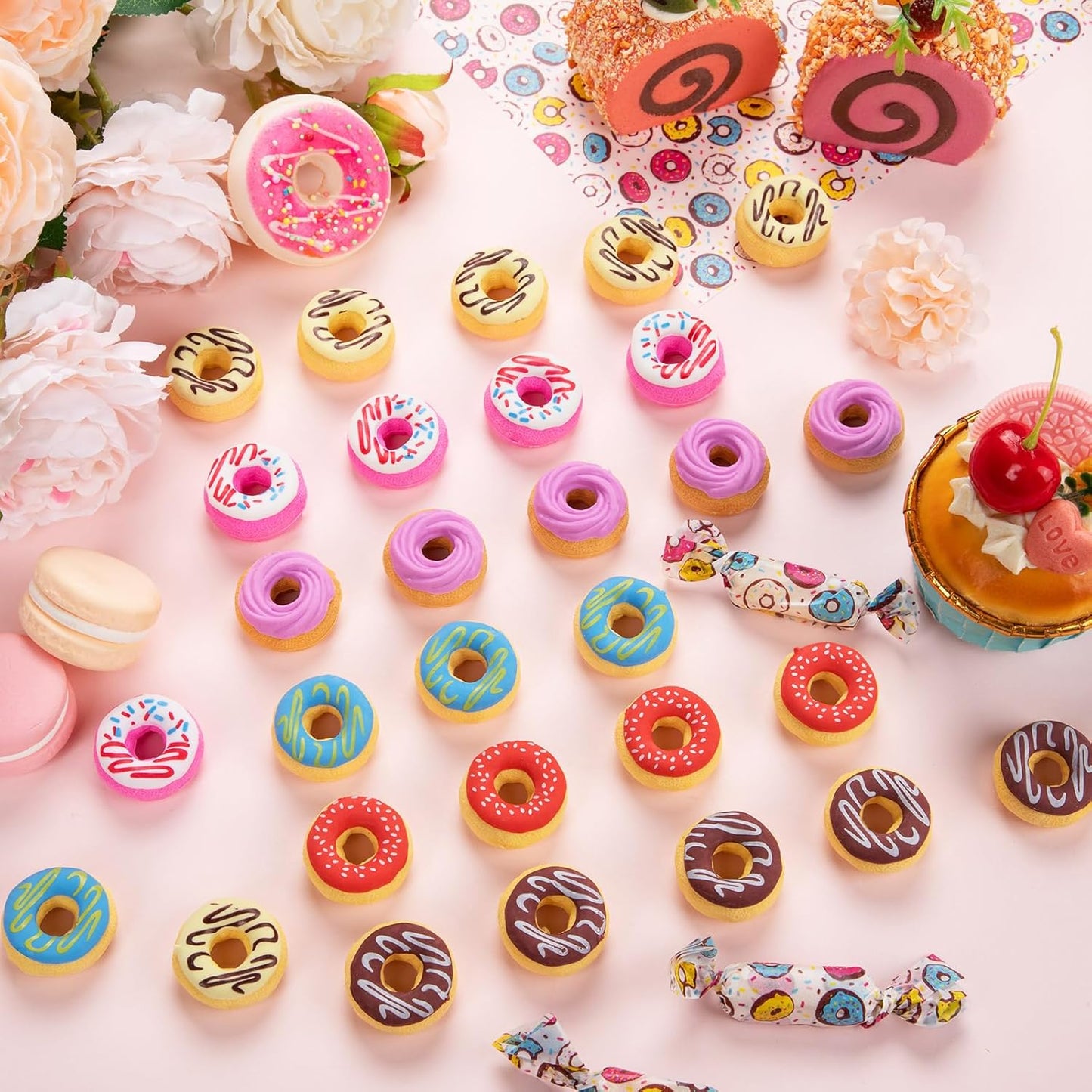 Donut Erasers, 100 Pieces 3D Cute Food Mini Erasers, 3D Donut Erasers Bulk, Novelty Pencil Erasers for Candy Party Favor Gift Filling and Art Supplies