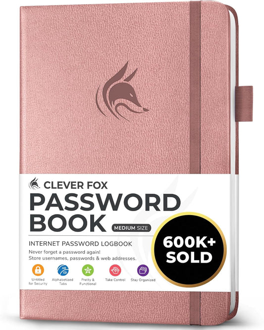 Clever Fox Password Book with alphabetical tabs. Internet Address Organizer Logbook. Medium Password Keeper for Website Logins (Rose Gold)