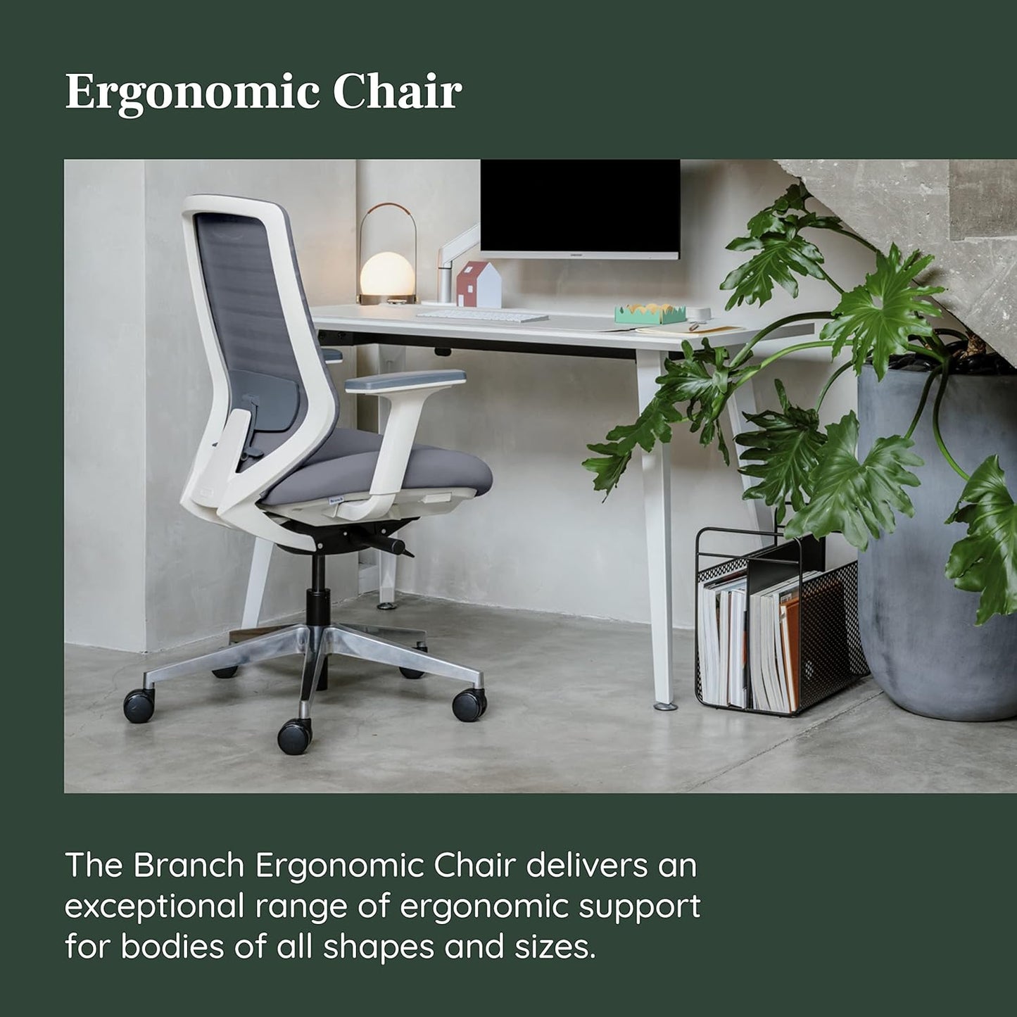 Branch Ergonomic Chair - A Versatile Desk Chair with Adjustable Lumbar Support, Breathable Mesh Backrest, and Smooth Wheels - Experience Optimal Comfort and Support - Graphite - White