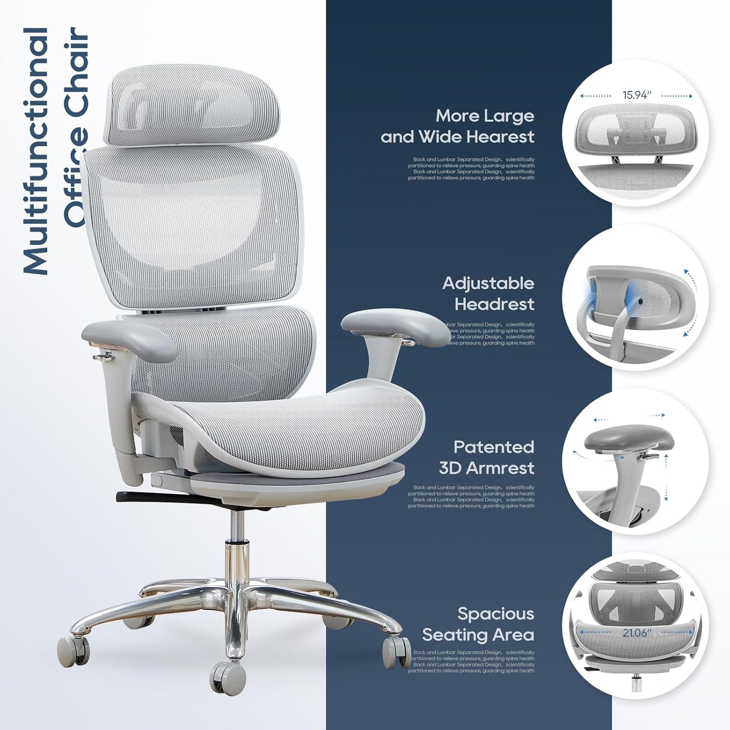 COLAMY Ergonomic Mesh Office Chair, Ergonomic Desk Chair with Footrest, Executive High Back Computer Desk Chair with Lumbar Support, Headrest and Adjustable 3D Arms, Tilt Lock and Lumbar Support-Grey
