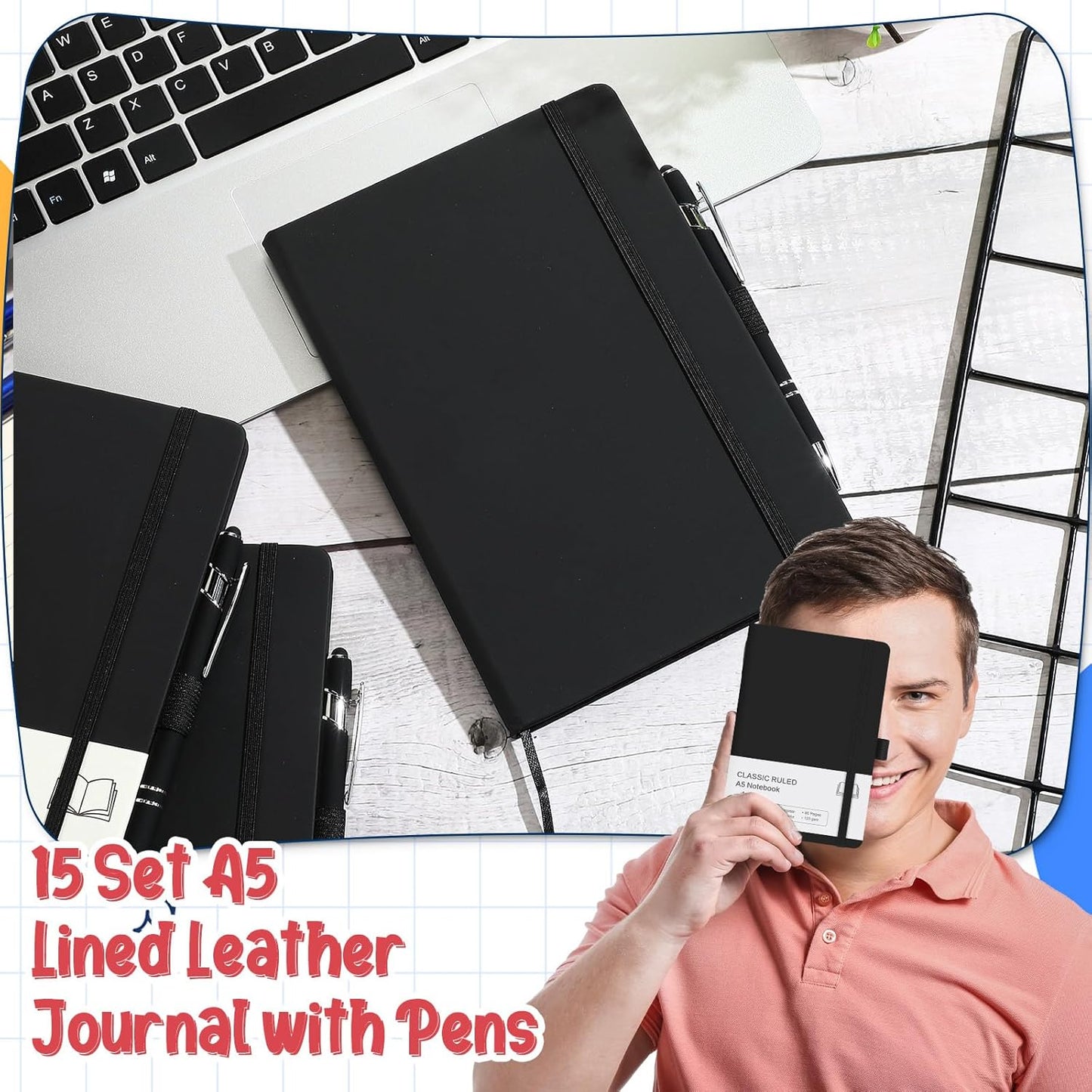 15 Pack Journal Notebook Bulk A5 Hardcover Notebook Classic Journal Set with Pen Holder with 15 Pcs Pens for School Business Work Travel Writing (Black)