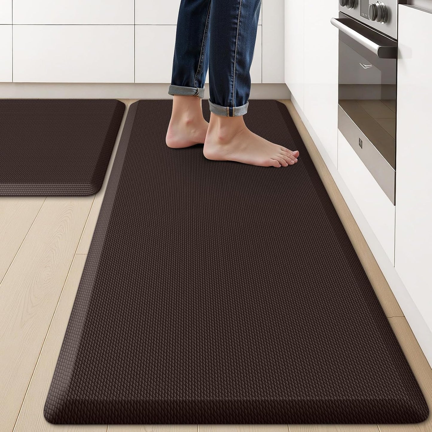 KitchenClouds 2PCS Kitchen Rugs Cushioned Anti-Fatigue Non-Slip Waterproof Kitchen Mat Comfort Foam Standing Mat for Floor Office Sink Laundry (Chocolate)