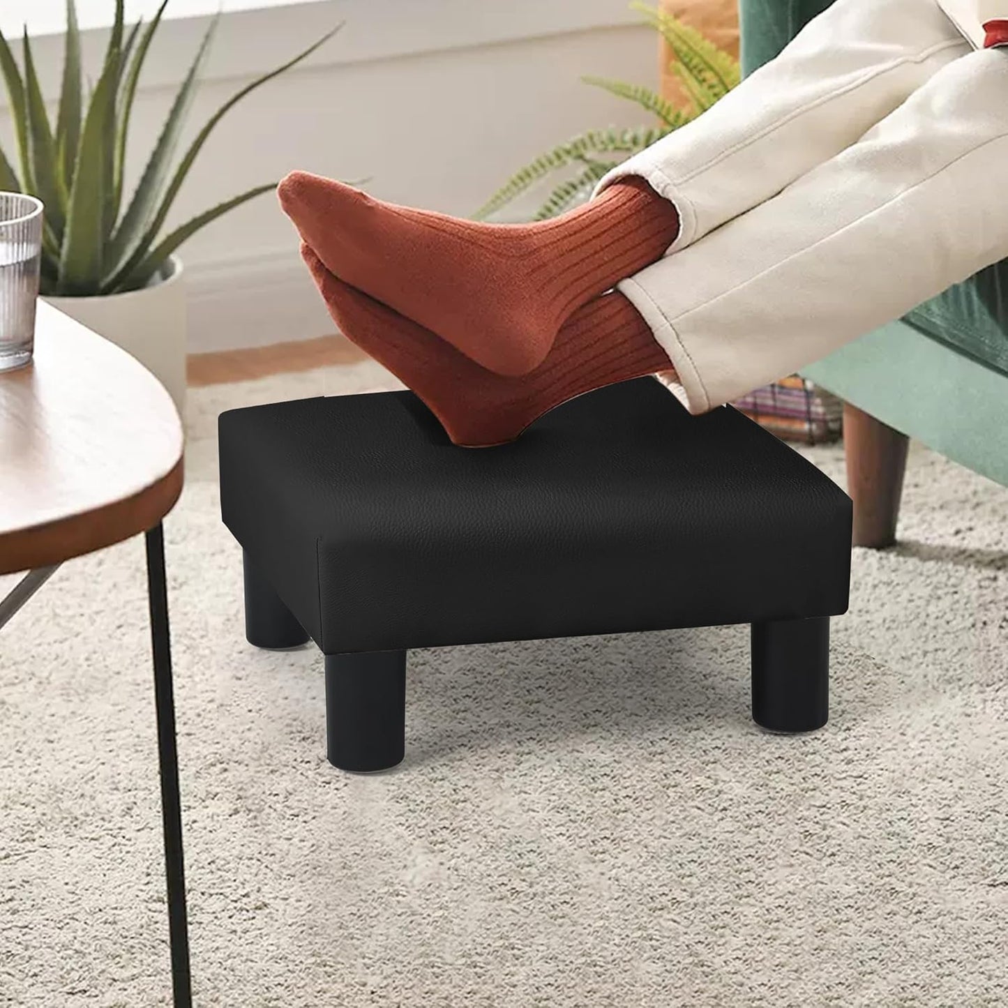 Joveco Small Footstool Ottoman, PU Leather Square Upholstered Footrest with Plastic Legs, Under Desk Foot Stools for Living Room Bedroom Office, Black