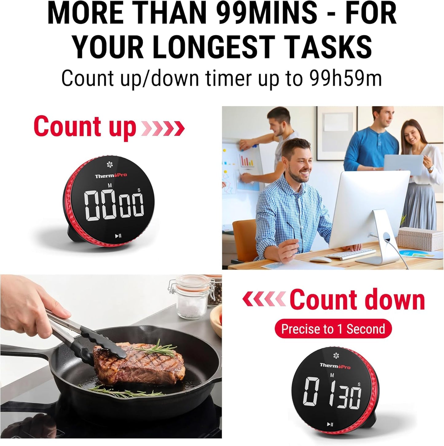 ThermoPro 99-Hour Digital Kitchen Timer with Strong Magnetic & Stable Stand, Classroom Timers with 3-Volume-Level, Stopwatch/Timer with Large LED Display, Digital Timers for Classroom, Office & Gym
