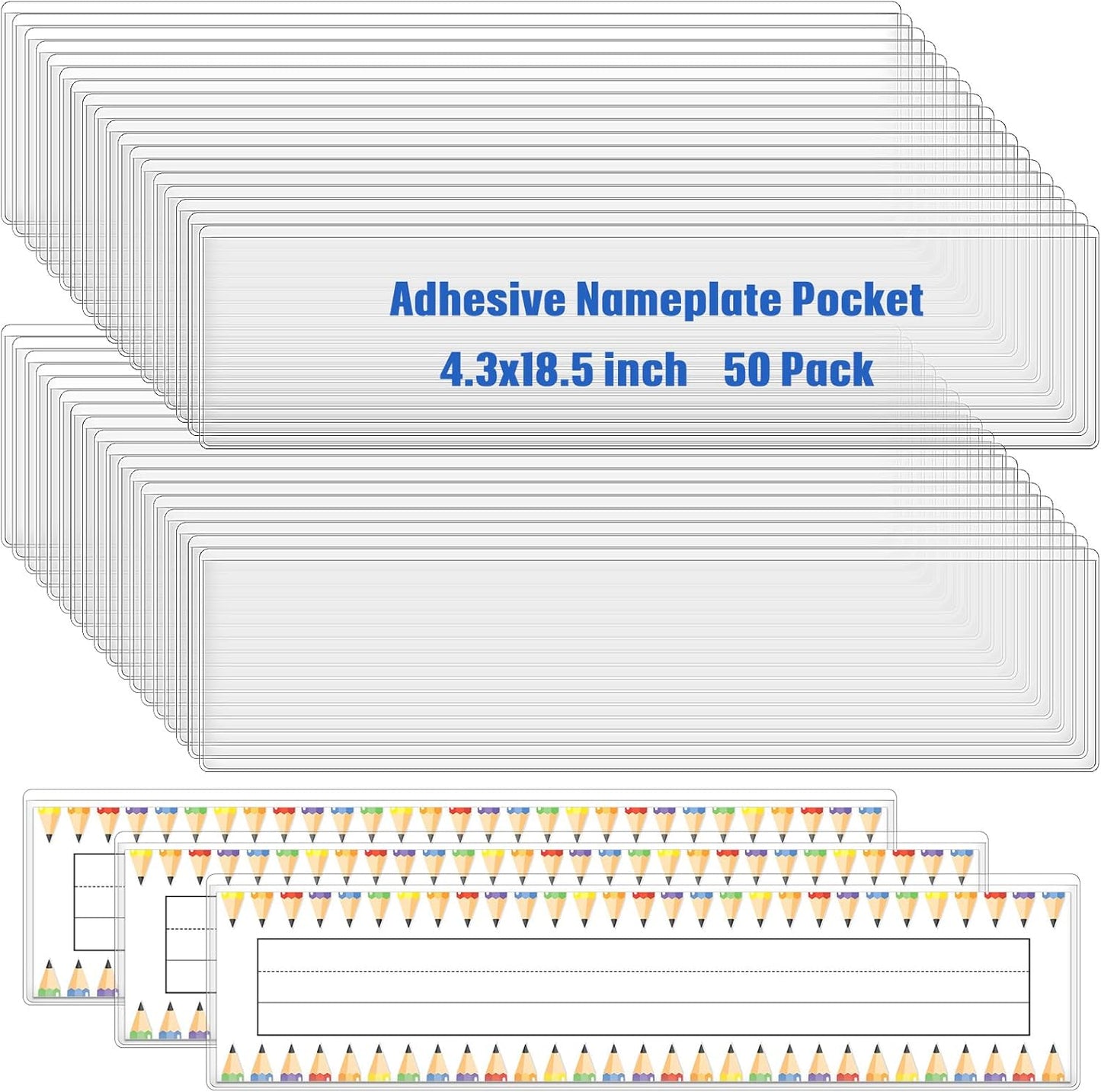 Jeyiour 50 Pcs Label Holders Adhesive Nameplate Pockets Storage Bin Labels Index Card Holder Shelf Plastic Peel Stick for Classroom Supermarket Bookshelf Library Student Box Drawer (4.3 x 18.5 Inch)