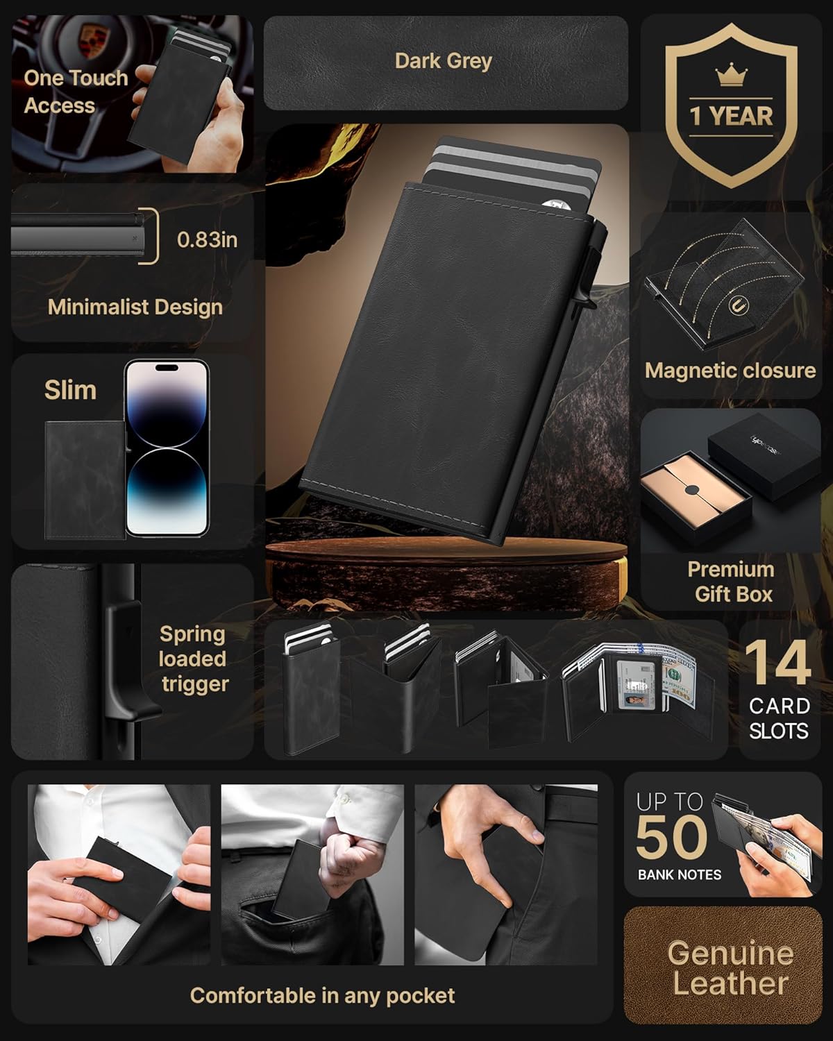 typecase Mens Wallet Card Holder: Pop Up Aluminum Case, Genuine Leather, Smart, RFID Blocking, Slim, Minimalist, Front Pocket - 9-14 Card Capacity | ID Window | Cash Slot - Oil Wax Black