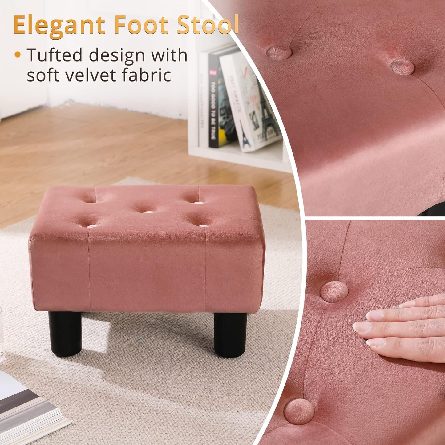 LUE BONA Small Foot Stool Ottoman, Velvet Tufted Footrest with Plastic Legs, 9''H, Rectangle Foot Stools for Adult with Non-Slip Pads, Footstool for Living Room,Couch, Pink