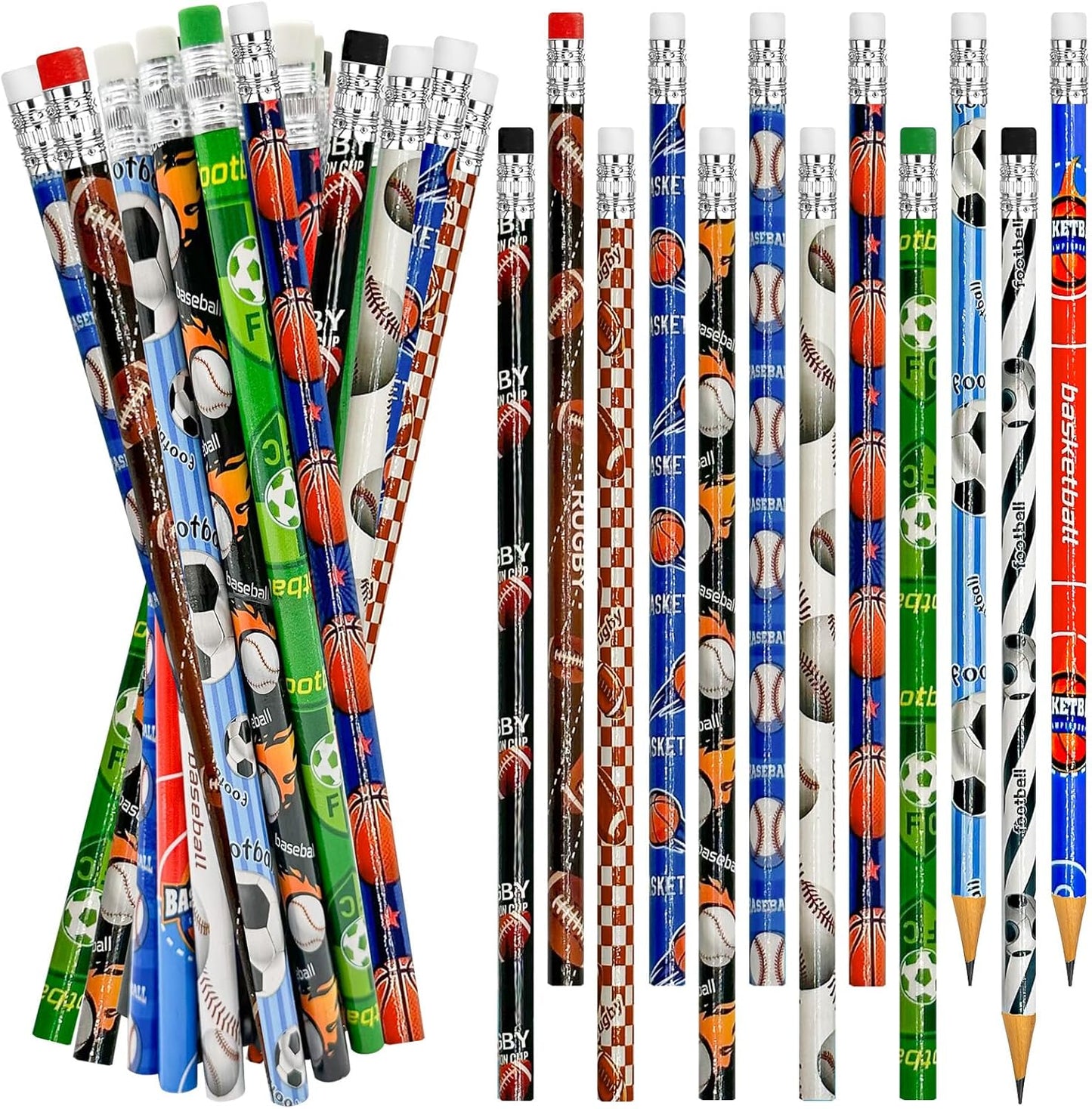 Cinrobiye 96 Pcs Sports Pencils Bulk, Basketball Football Baseball Scoeer Wood Pencils with Erasers Sports for School Prizes Classroom Exchange Gifts Party Favors Supplies, Stationary Gifts
