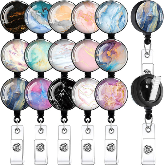 Fainne 15 Pieces Funny Badge Holders for Nurses Retractable Decorative Badge Reels with Alligator Clip for Nurse Week Gift Doctors Teachers(Marble Style)