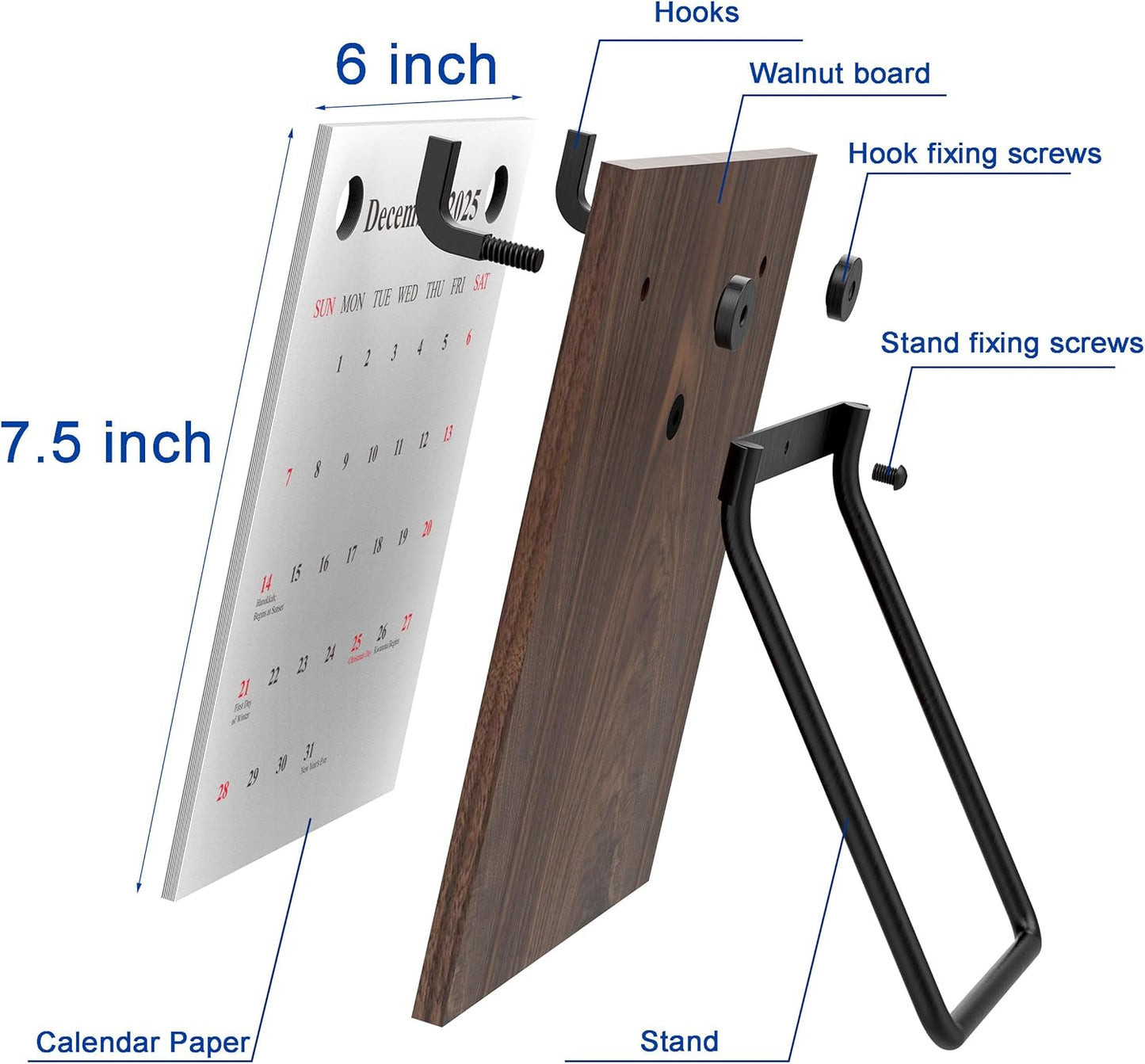 2025 2006 Retro Desktop Calendar Tabletop Decoration Calendar Walnut Wood Calendar with Iron Brackets Suitable for Office Business Home (Black Walnut)