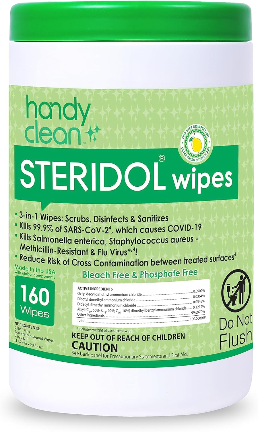 Steridol Wipes Canister, Hard Surface Wipes Multipurpose Cleaning 160 Count Fresh Lemon Scent Industrial Grade For Business Use