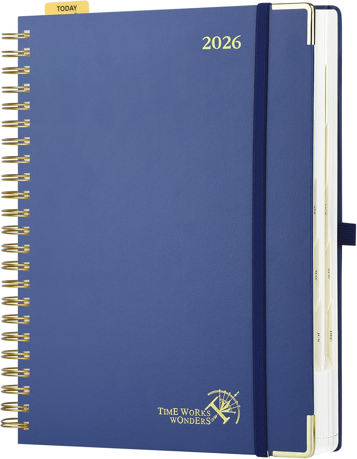 POPRUN 2026 Daily Planner One Page A Day - [A4 Large Size 8.25" x 12" -Spiral Hard Cover], Agenda 2026 Hourly Appointment Book with Monthly Calendar, Pen Holder, Ivory Paper -Navy Blue