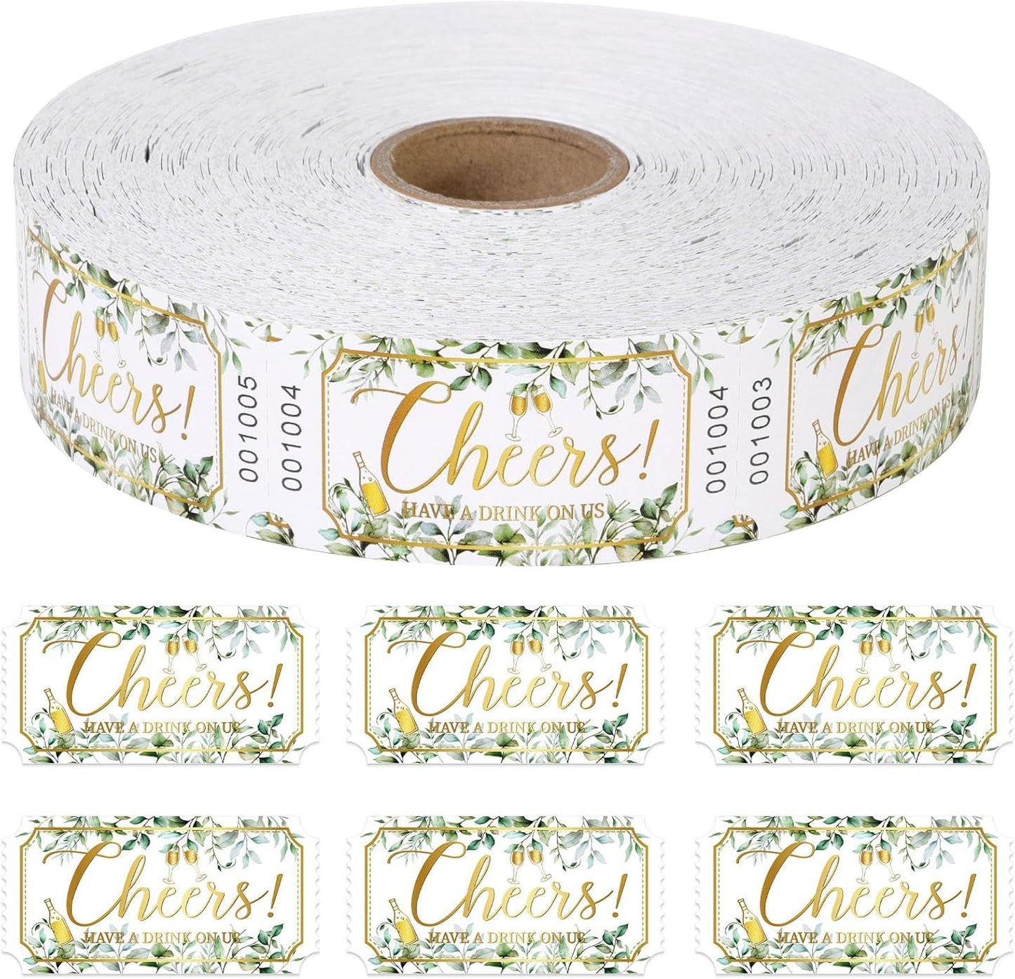 1000 Pcs Drink Ticket Single Raffle Tickets Roll Greenery Eucalyptus Leaves Golden Cheers Cocktail Design Free Drink Ticket for Events Wedding Work Formal Parties Leisure Class Reward