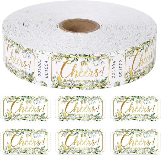 1000 Pcs Drink Ticket Single Raffle Tickets Roll Greenery Eucalyptus Leaves Golden Cheers Cocktail Design Free Drink Ticket for Events Wedding Work Formal Parties Leisure Class Reward