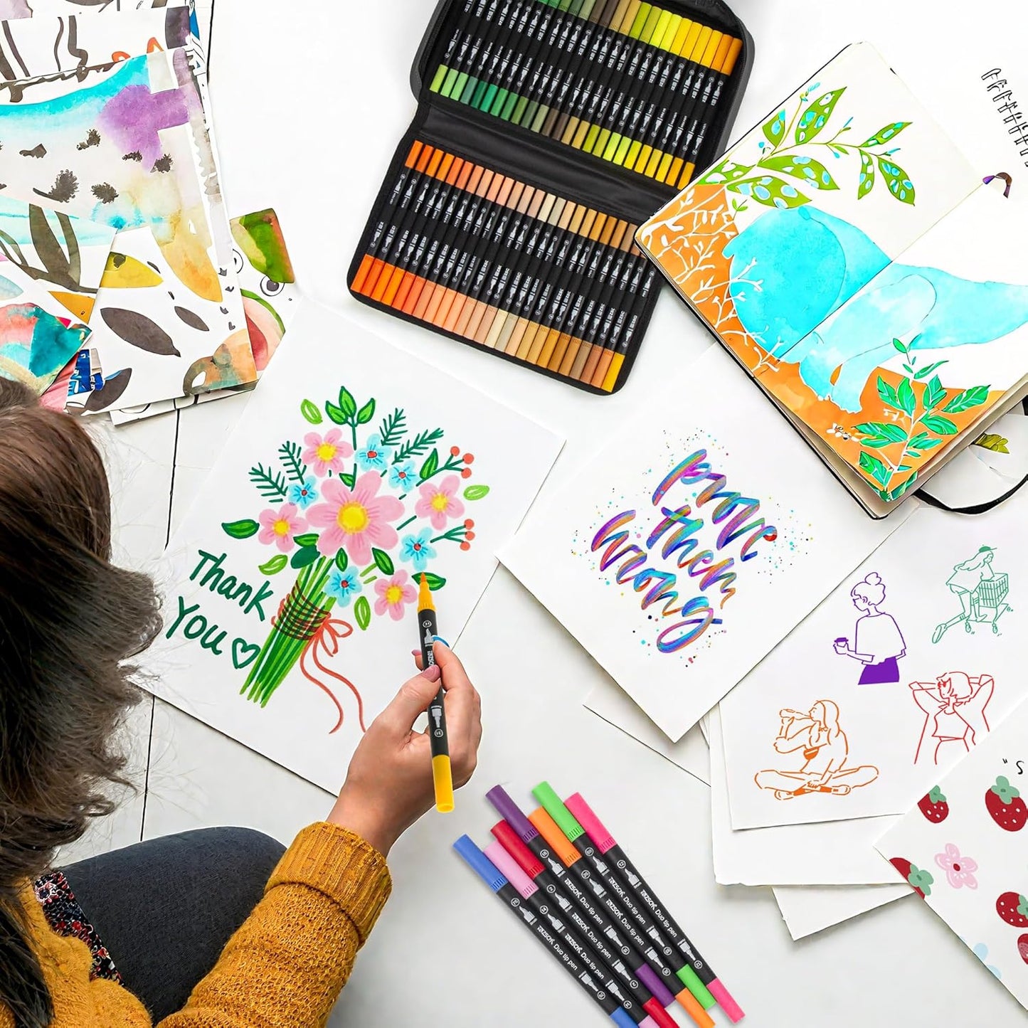 200 Colors Markers for Adult Coloring Books No Bleeding - Duo Tip Art Pens, Fine & Brush Coloring Marker for Adult Calligraphy, Illustration, Cards Drawing, Note taking Lettering, Journaling